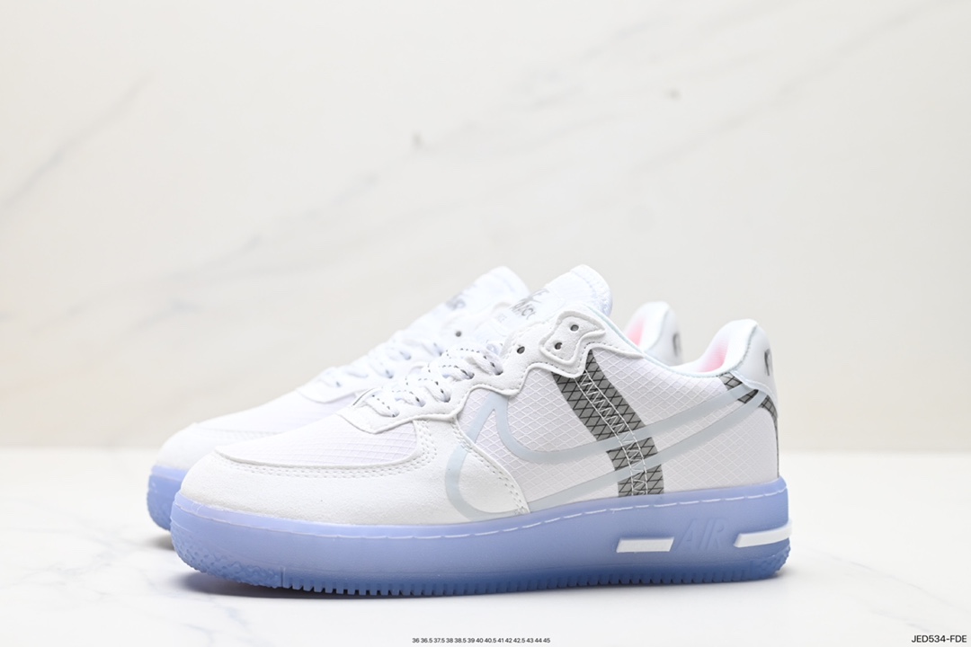 耐克Nike Air Force 1 React QS”White/Light/Sail-Rush Ice”空军一号板鞋“解构白灰银冰块蓝夜光底3M” CQ8879-100