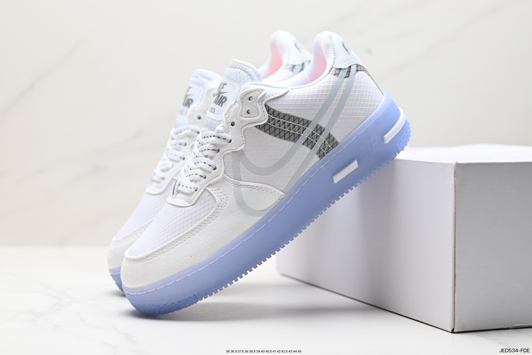 耐克Nike Air Force 1 React QS”White/Light/Sail-Rush Ice”空军一号板鞋“解构白灰银冰块蓝夜光底3M” CQ8879-100