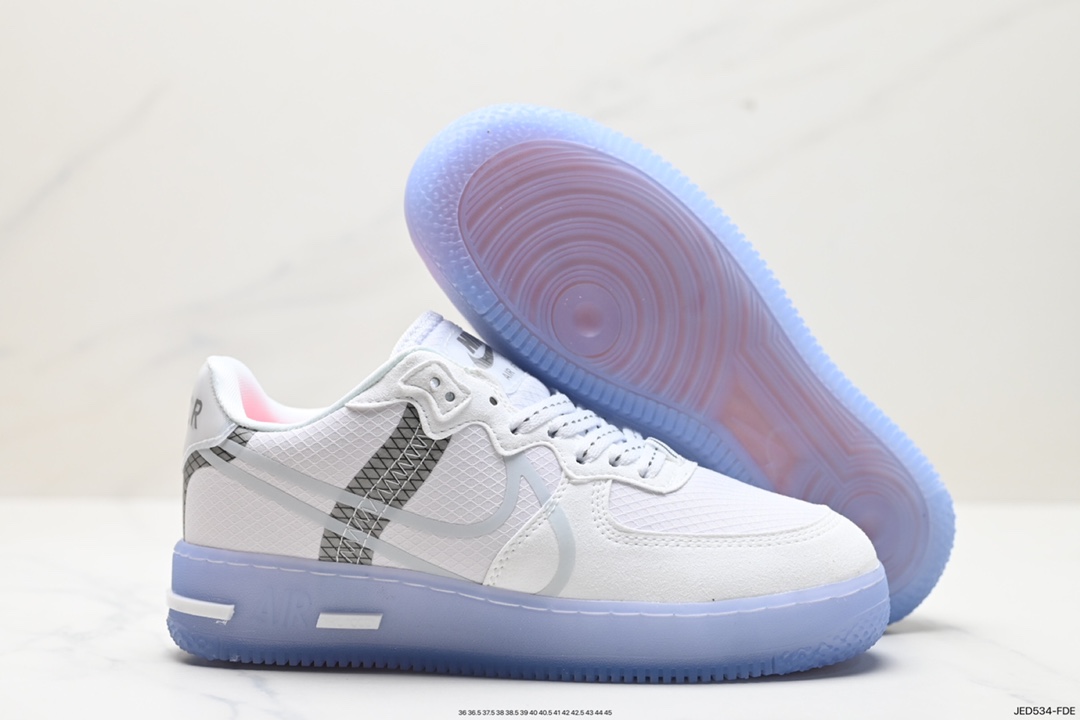 耐克Nike Air Force 1 React QS”White/Light/Sail-Rush Ice”空军一号板鞋“解构白灰银冰块蓝夜光底3M” CQ8879-100