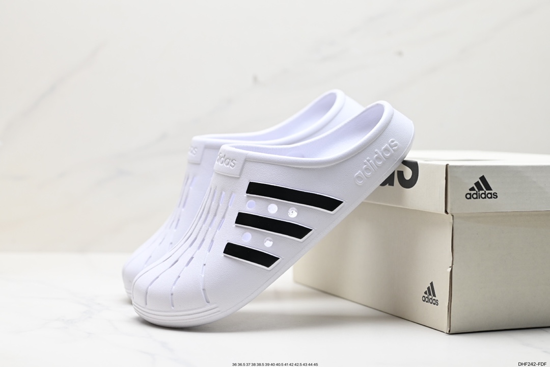 迪达斯Adidas Adilette Clogs Mule 莱特穆勒系列休闲运动室内外涉水包头露跟凉鞋式洞洞拖鞋“米白黑” JH9849