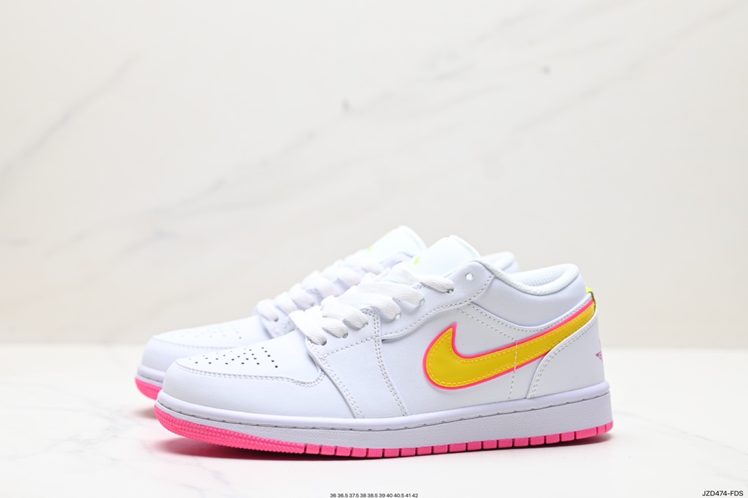 140 耐克Nike Air Jordan 1 Retro Low GS”White Pink Yellow Volt“AJ1乔丹一代低帮篮球鞋“霓虹白粉黄糖果” CV4610-100