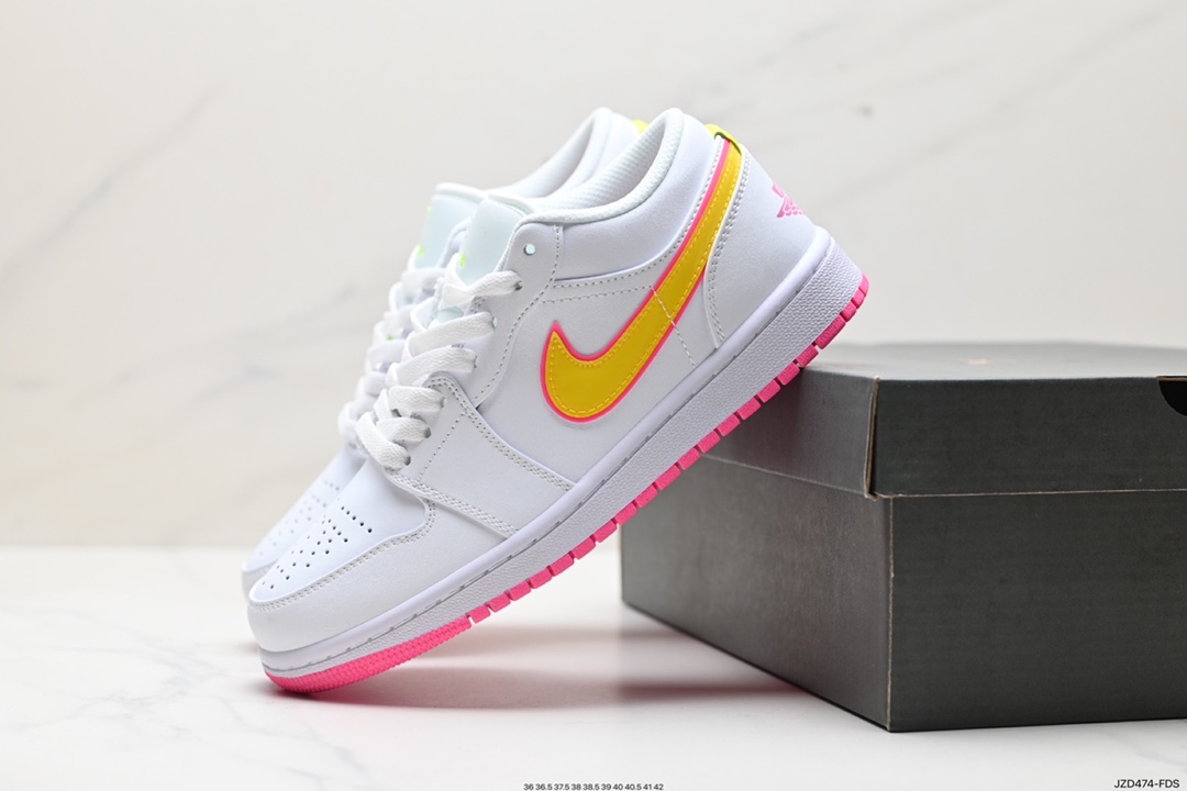 140 耐克Nike Air Jordan 1 Retro Low GS”White Pink Yellow Volt“AJ1乔丹一代低帮篮球鞋“霓虹白粉黄糖果” CV4610-100