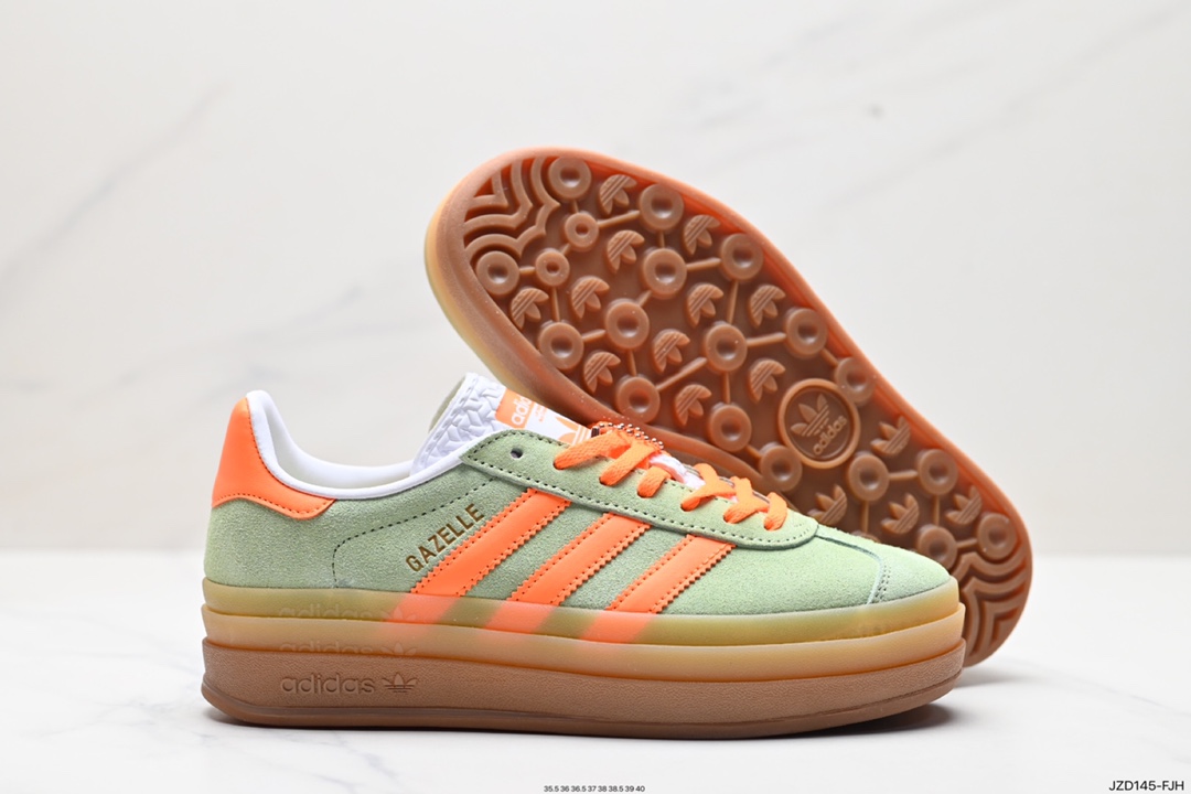 140 阿迪达斯Adidas Originals Gazelle Bold W 羚羊松糕系列板鞋“翻毛浅灰深绿酒红生胶底” IH7495