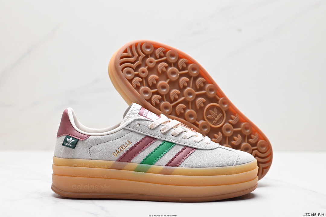 140 阿迪达斯Adidas Originals Gazelle Bold W 羚羊松糕系列板鞋“翻毛浅灰深绿酒红生胶底” IG3685