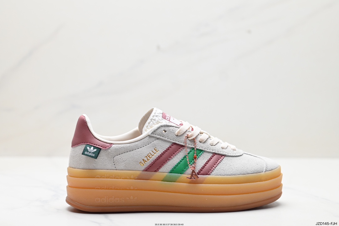 140 阿迪达斯Adidas Originals Gazelle Bold W 羚羊松糕系列板鞋“翻毛浅灰深绿酒红生胶底” IG3685