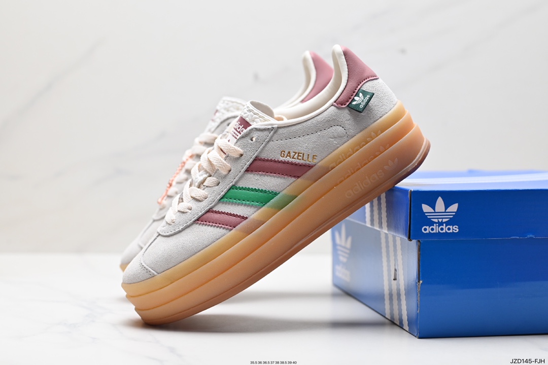 140 阿迪达斯Adidas Originals Gazelle Bold W 羚羊松糕系列板鞋“翻毛浅灰深绿酒红生胶底” IG3685