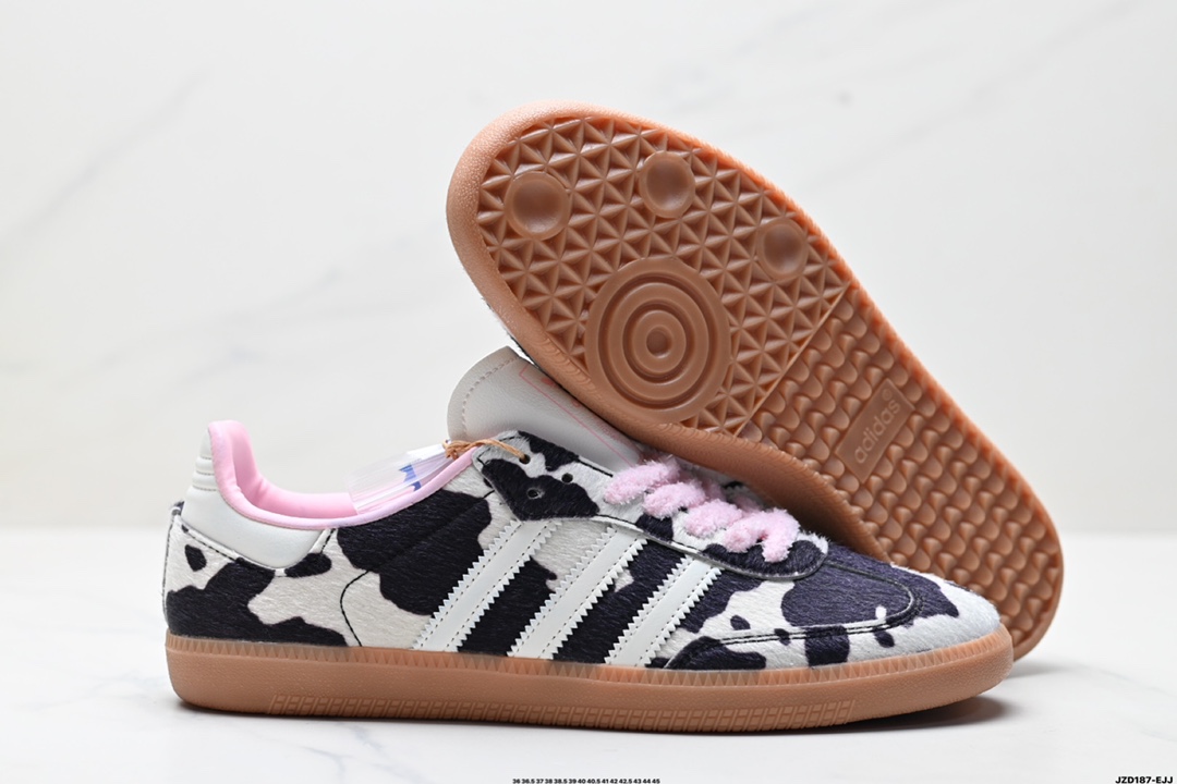 阿迪达斯Adidas originals2025新款复古奶牛粉德训鞋豹纹马毛系带平底运动休闲百搭男女板鞋 JR1256
