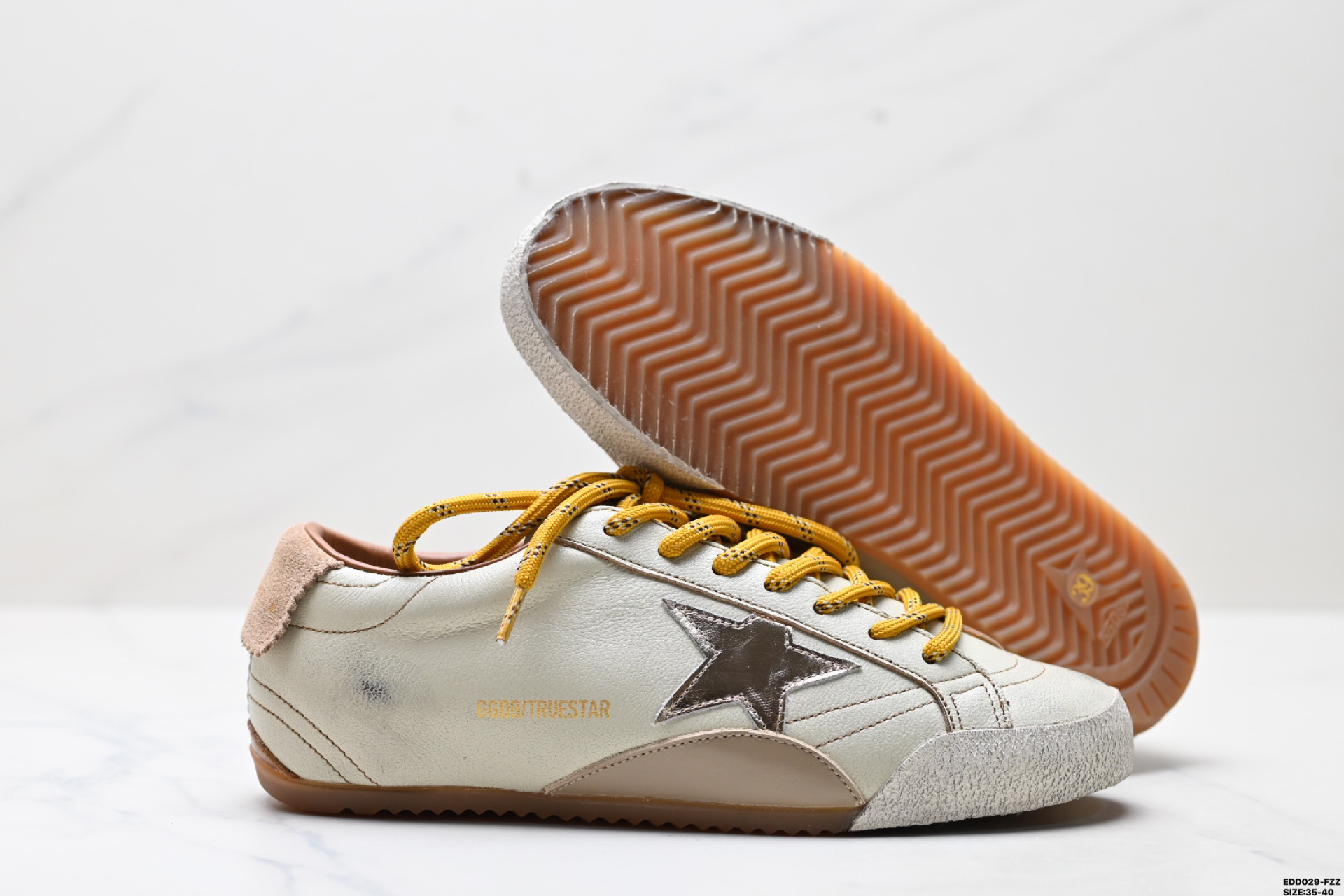 360 纯原Golden Goose True-Star 牛皮革羊皮革 圆头系带 低帮 平底休闲鞋 米色绒面革后跟