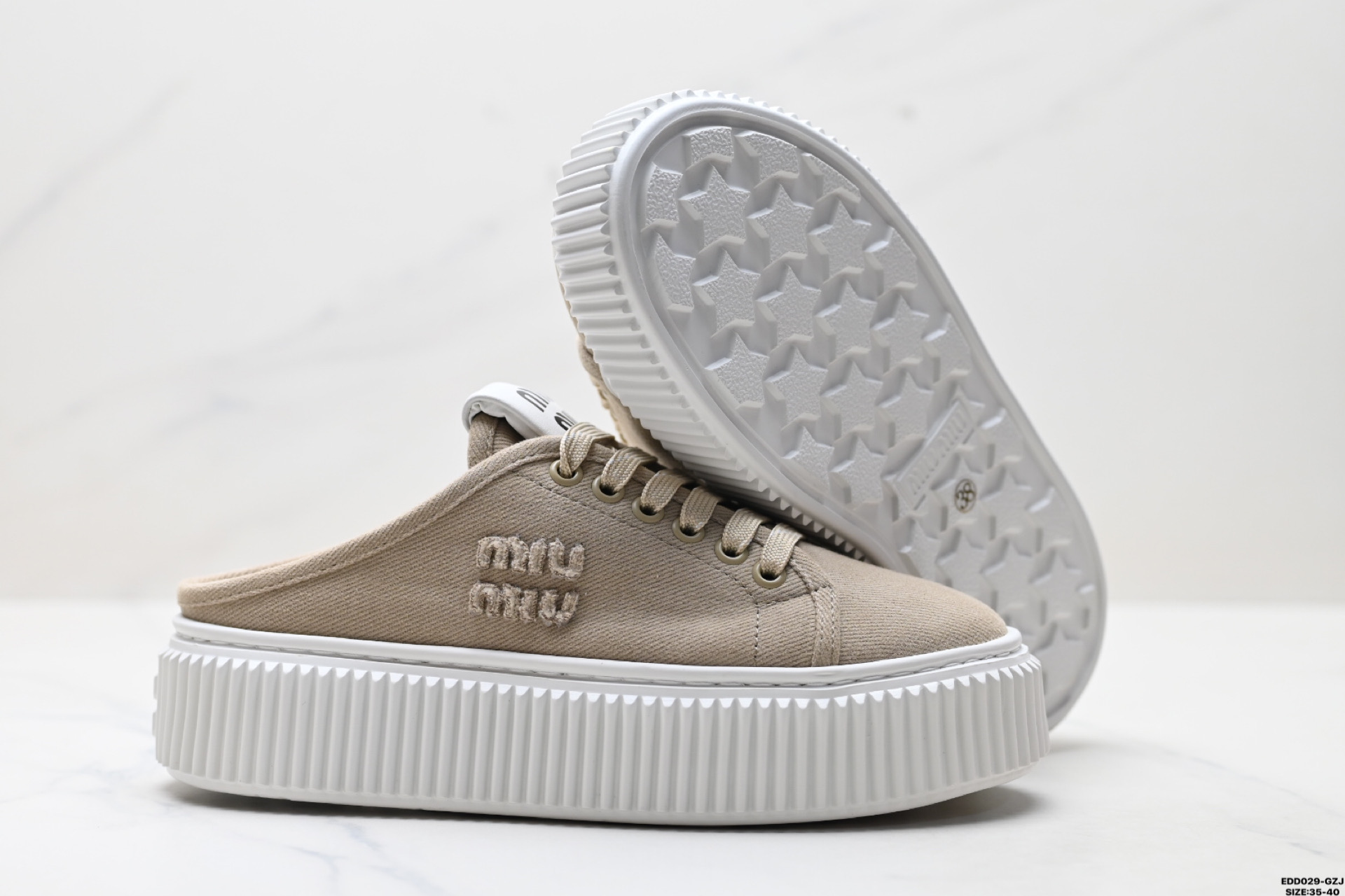 纯原MIU MIU缪缪 CALZATURE DONNA 圆头 帆布 丹宁牛仔运动鞋 防滑包头拖鞋 5F388F 3H02 F0009 5 99 F 005