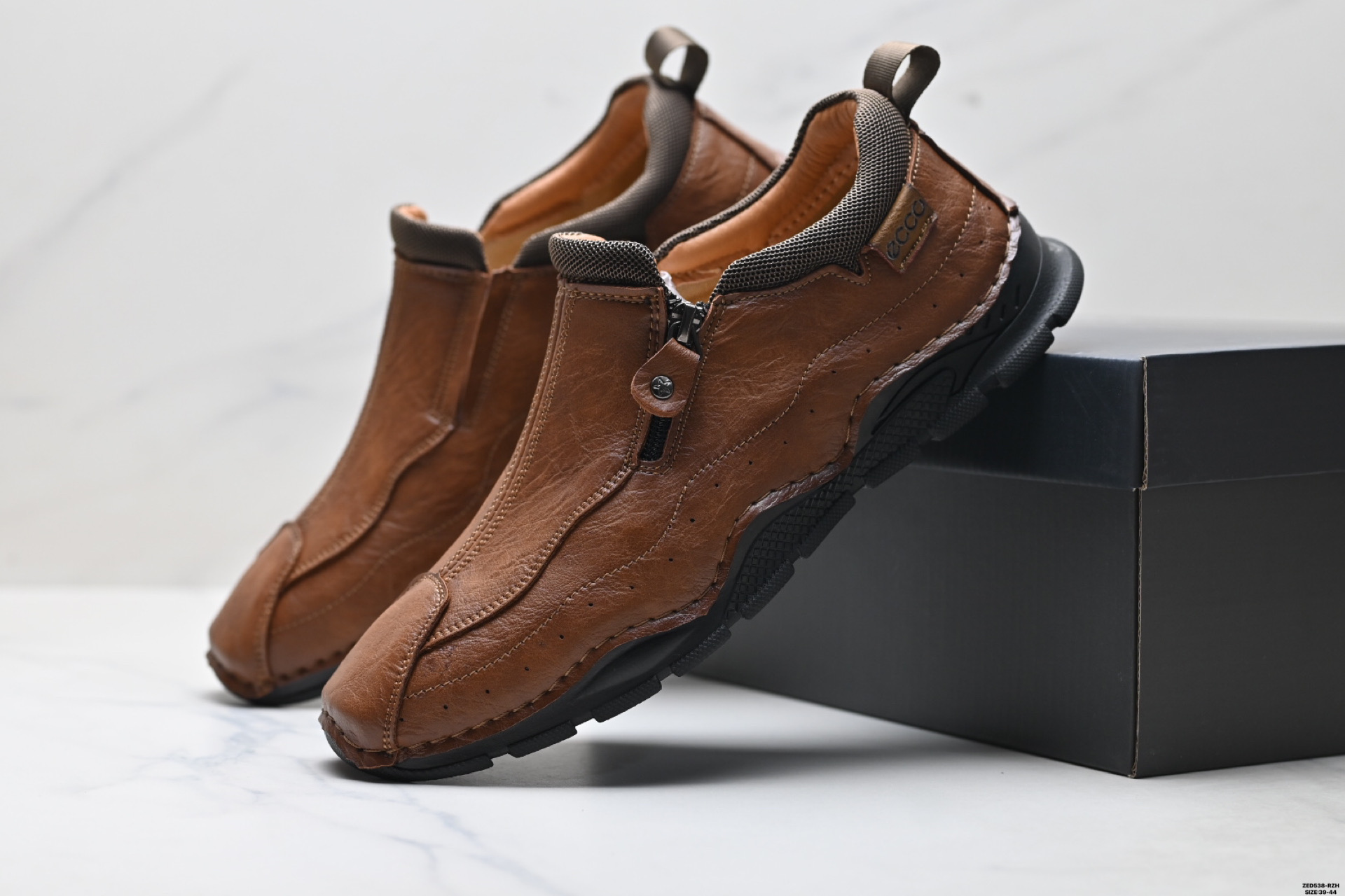 270 [高端真皮]美国CelanKalin皮鞋男款秋季一脚蹬拉链男士休闲鞋大码 舒适套脚侧拉链皮鞋