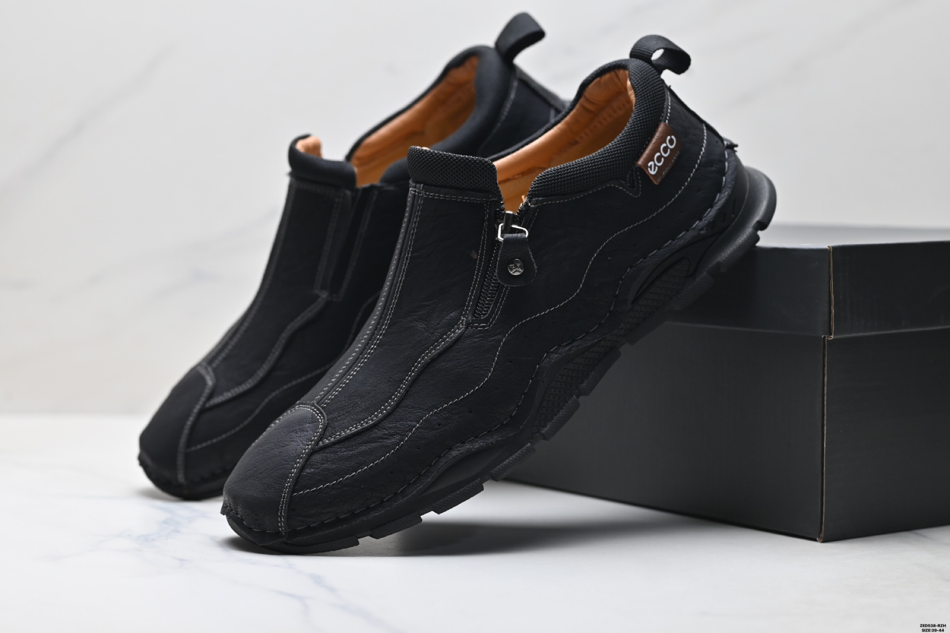 270 [高端真皮]美国CelanKalin皮鞋男款秋季一脚蹬拉链男士休闲鞋大码 舒适套脚侧拉链皮鞋