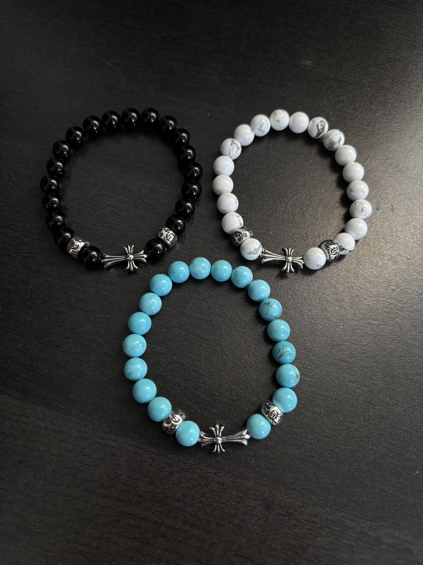 NO:380146,Chrome Hearts 8mm turquoise obsidian White turquoise vertical cross three silver bead bracelets, jewelry quality, chrome hearts, chrome hearts19860909Chrome Hearts克罗心 8mm 绿松石 黑曜石 白松石竖十字三银珠手串,饰品精品,chrome hearts,chrome hearts,Jewelry