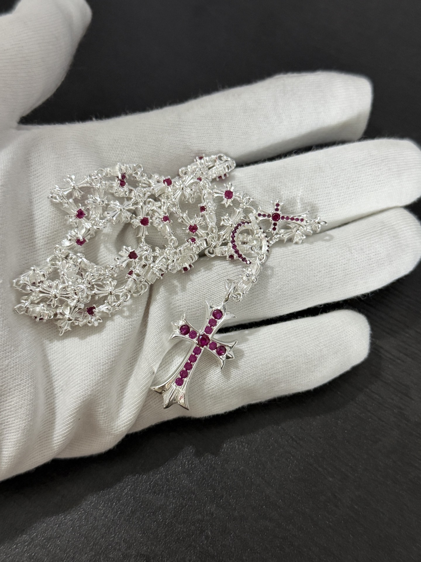 NO:922389,Chrome hearts red diamond retractable bright silver necklace, fine jewelry, chrome hearts, necklace19860909克罗心红钻伸缩亮银色项链,饰品精品,chrome hearts,necklace,Jewelry