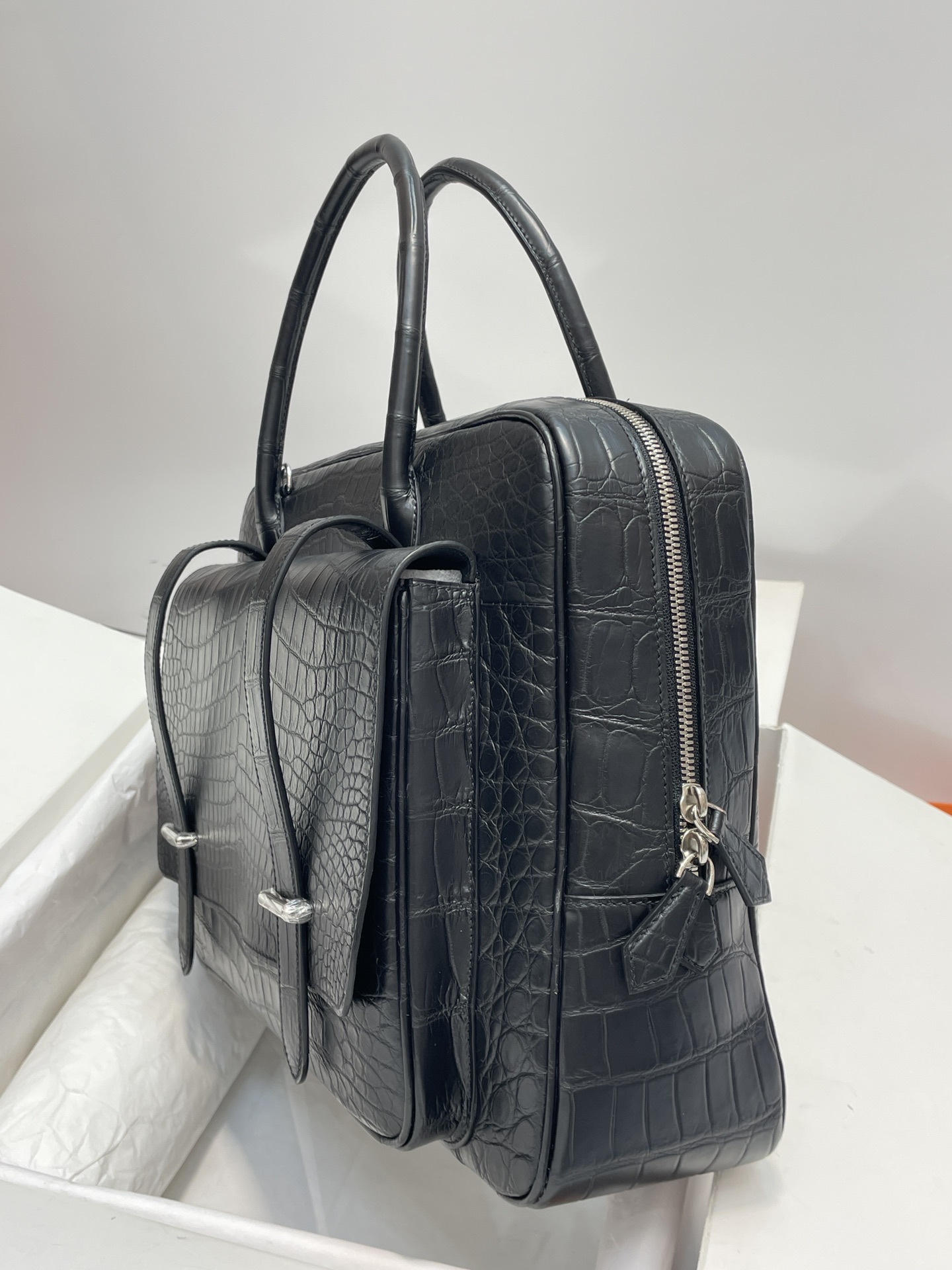 Hermès [Same style as H family] Hermes crocodile belly casual portable briefcase! Selected imported matte matte crocodile belly, sheepskin lining