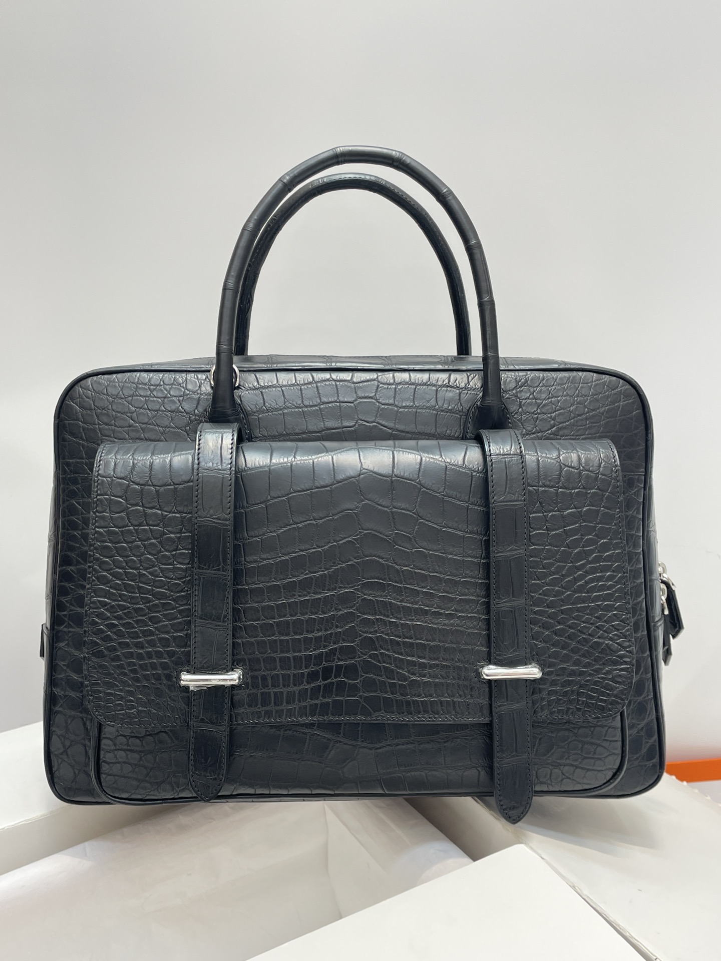 Hermès [Same style as H family] Hermes crocodile belly casual portable briefcase! Selected imported matte matte crocodile belly, sheepskin lining