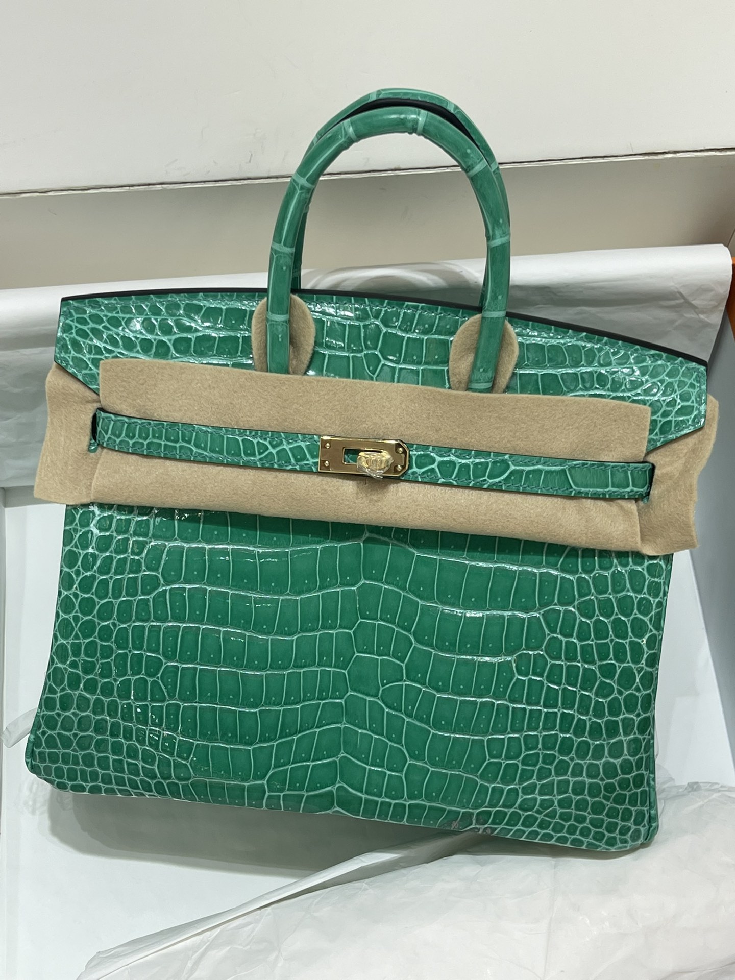 Verde emperador con hebilla dorada, cocodrilo Leather hcp cocodrilo de pantano 🐊 birkin25 brillante, patrón V invertid…