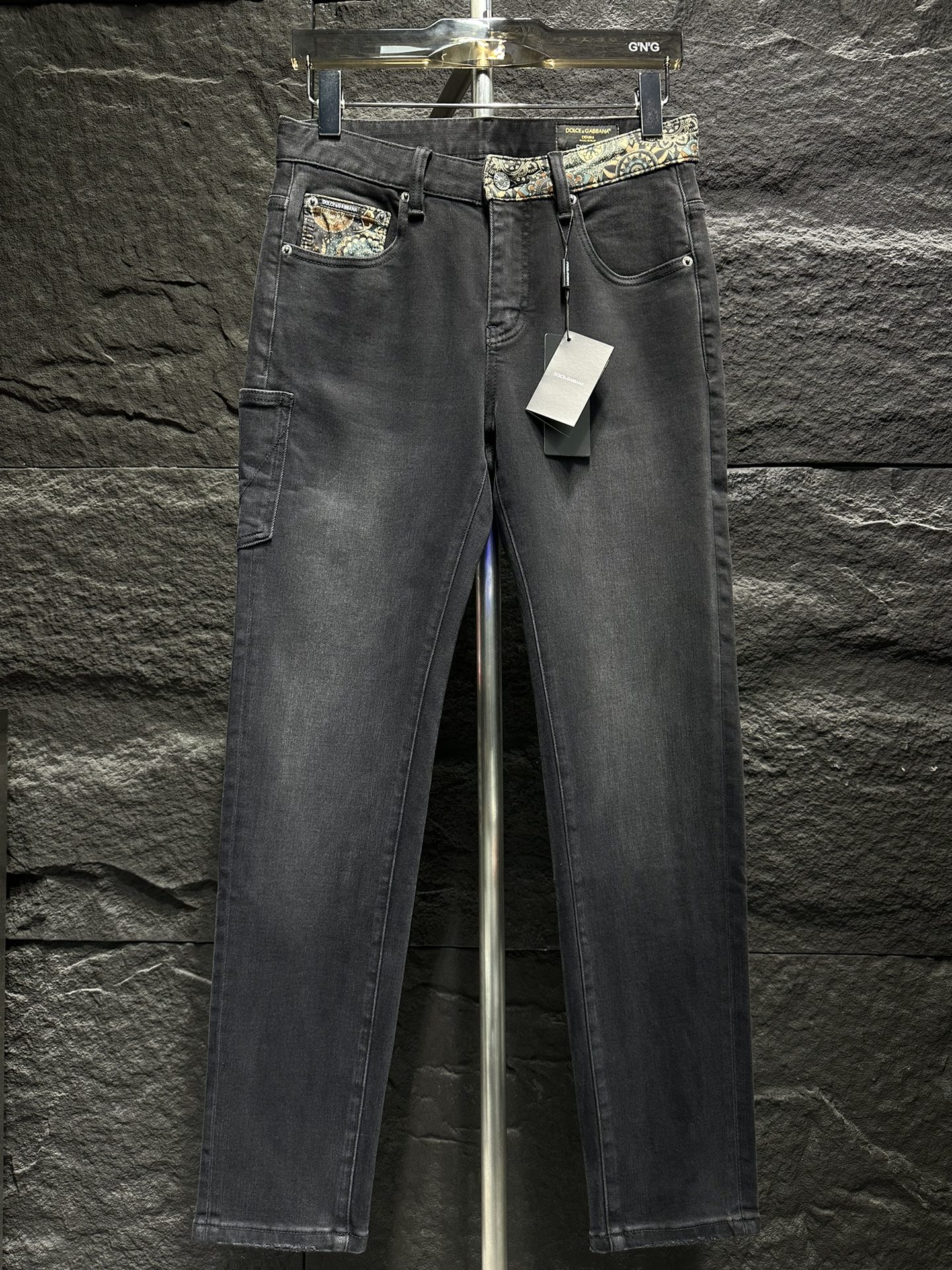 Dolce & Gabbana Men's Black Wash Denim Jeans with Paisley Accents