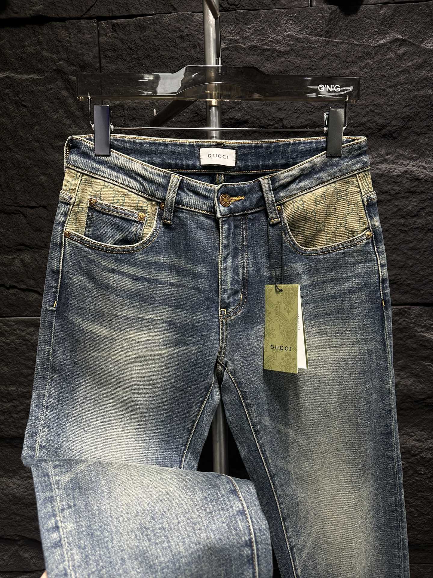 Gucci Men's Blue Denim Jeans with Signature Logo Waistband and Cuffed Hems 6 i1747547649 9411 3