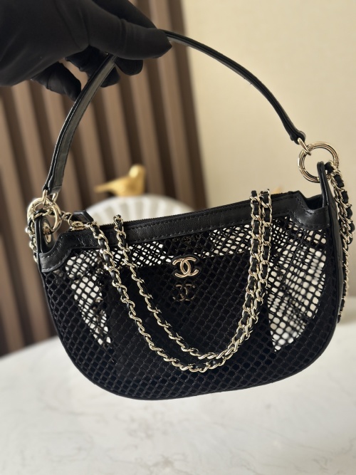 Chanel 25S Mesh Black Lambskin Moon Bag with Chain - Stylish & Compact 1 Chanel 25S Mesh Black Lambskin Moon Bag with Chain - Stylish & Compact