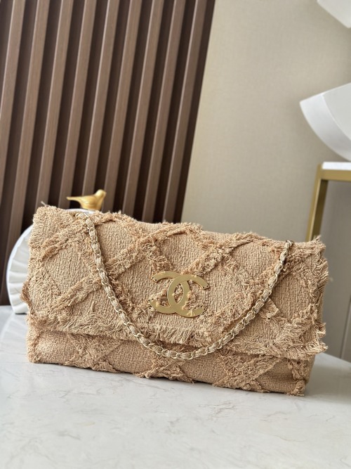 Chanel Vintage Straw Bag with Flap, Woven Design, and Chain Strap - Beige