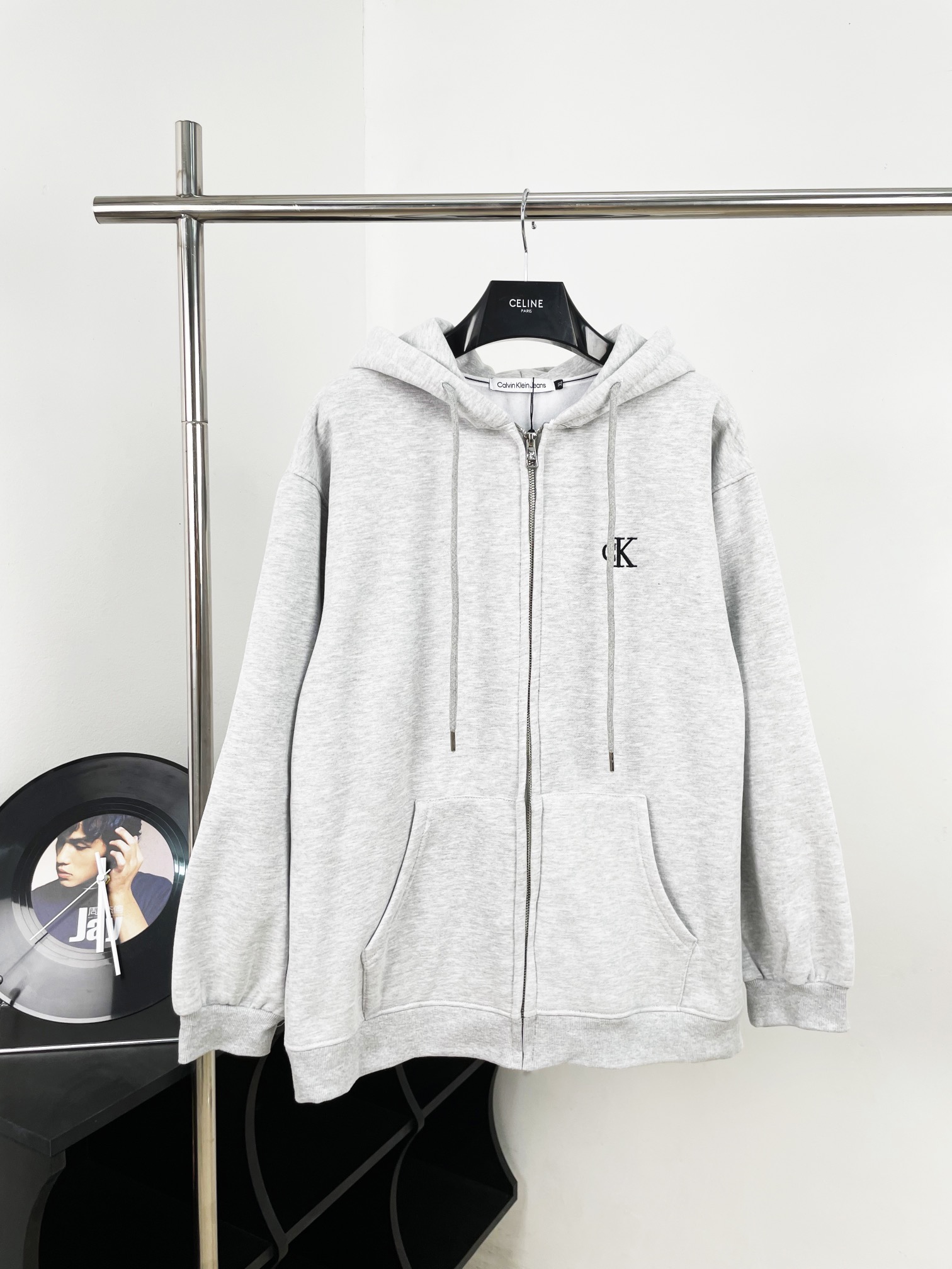 Embroidered Cap-Tip Zipper Jacket in Grey and Black, Sizes S-XL.