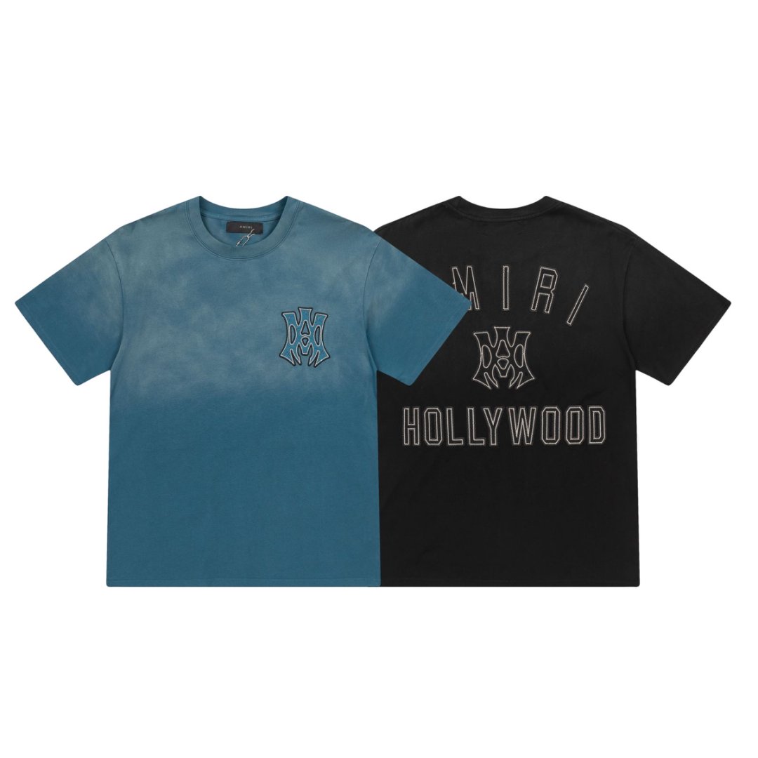 Amiri Shampoo Embroidery Logo Tee in Black and Lake Blue, 300g Fabric.