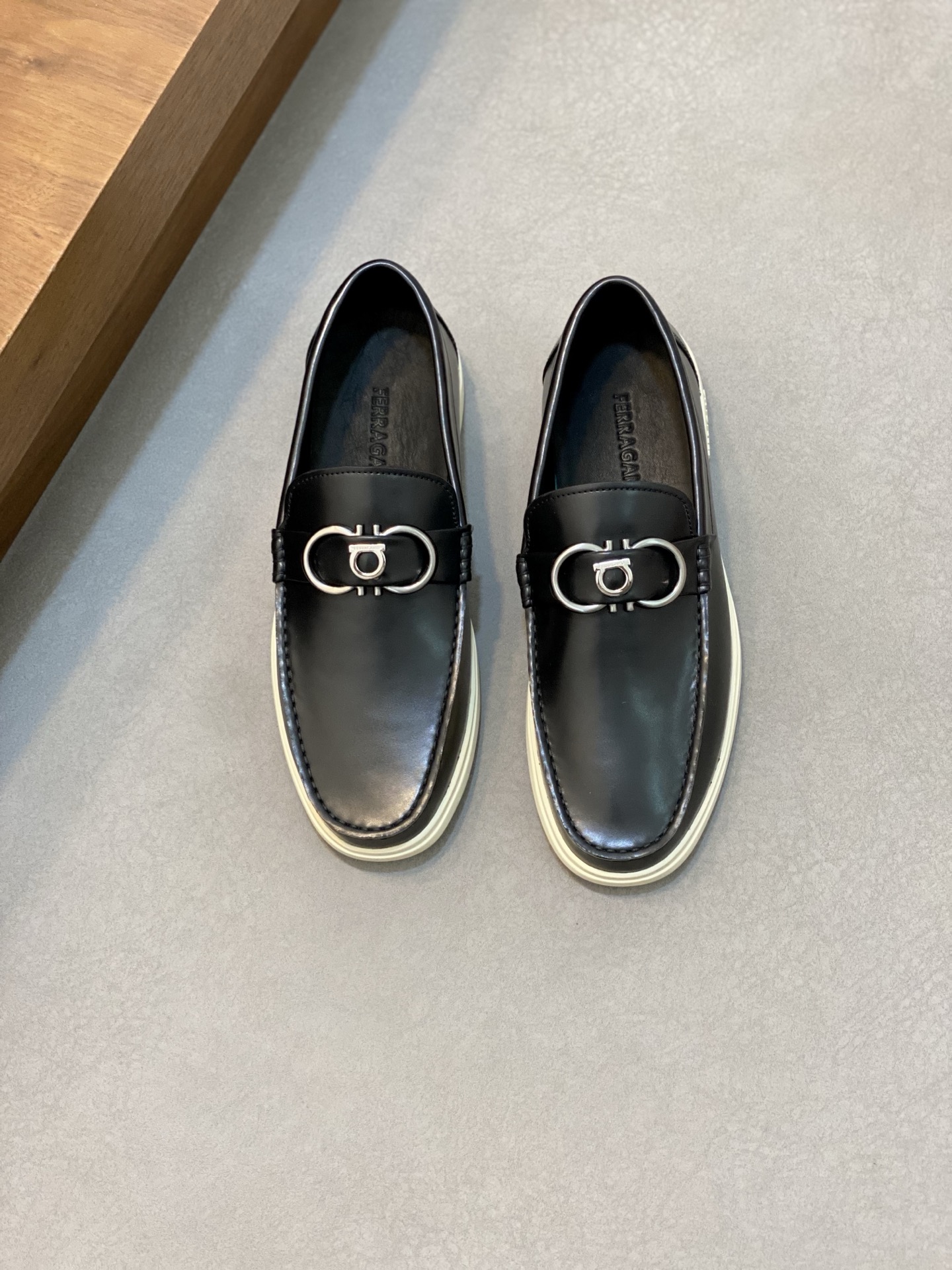 Ferragamo Men's Black Leather Loafers with Silver-Tone Buckle Detail 1 Ferragamo Men's Black Leather Loafers with Silver-Tone Buckle Detail