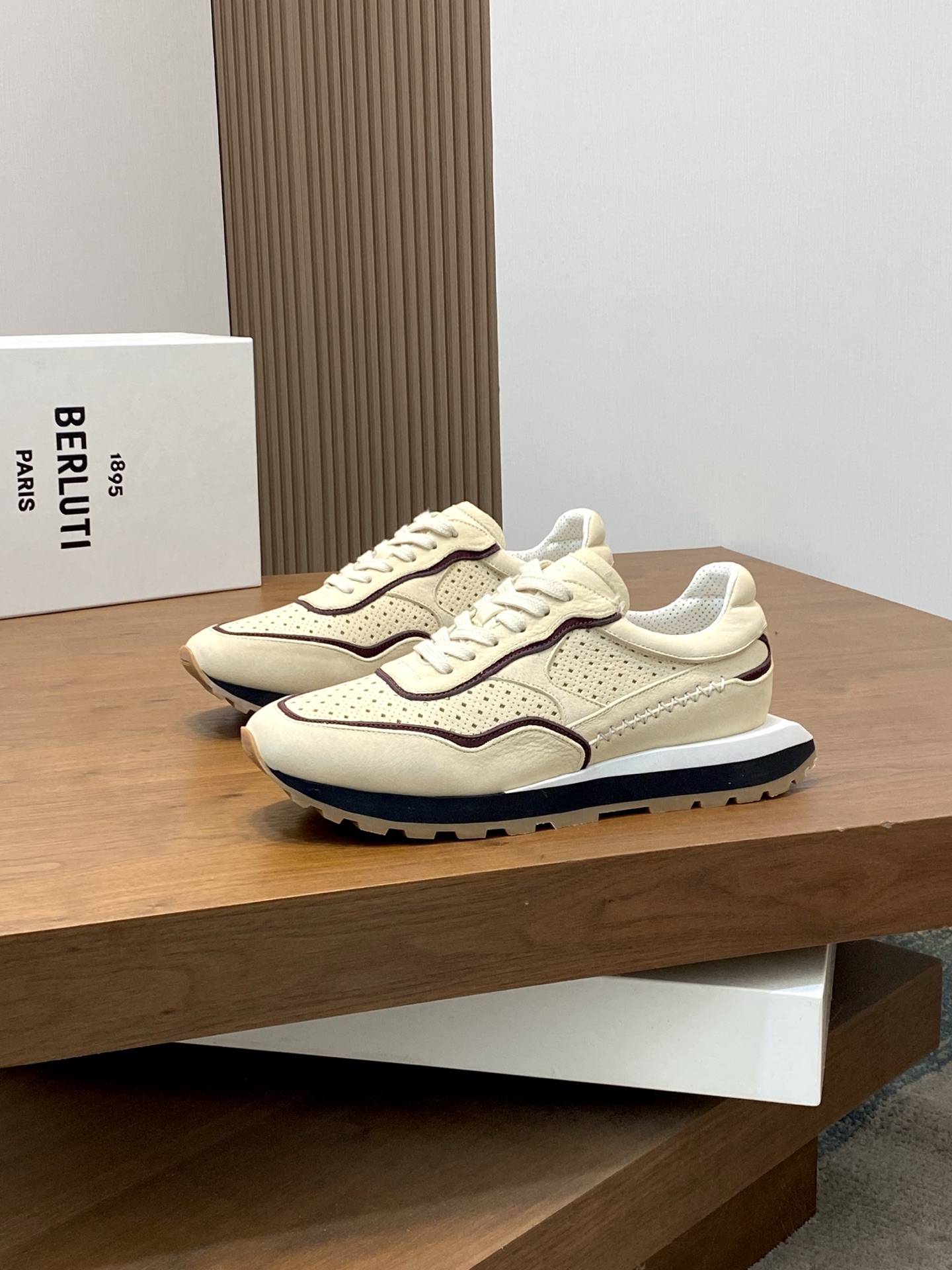 Berluti Men's Cream Leather Lace-Up Sneakers, Handmade Designer Footwear 4 i1741710346930 5255 0 2
