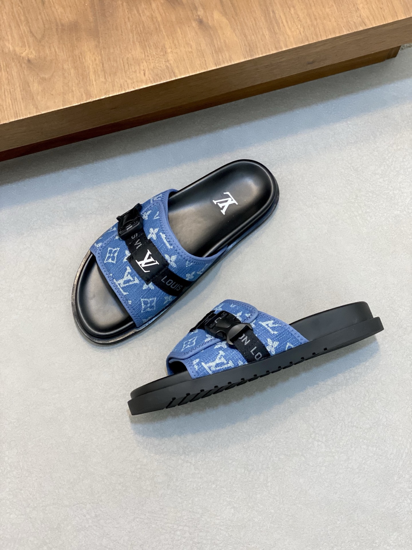 Louis Vuitton Monogram Adjustable Strap Flat Mule Sandals, Blue, Size 39-44 7 i1742229307505 9890 0 5