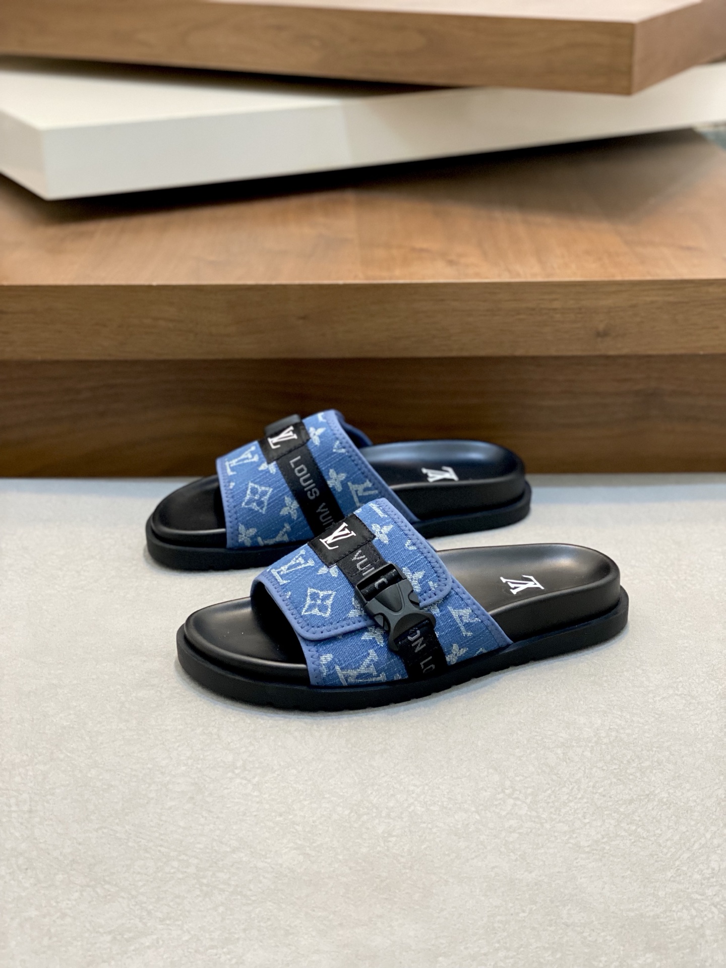 Louis Vuitton Monogram Adjustable Strap Flat Mule Sandals, Blue, Size 39-44 4 i1742229308637 6304 0 2