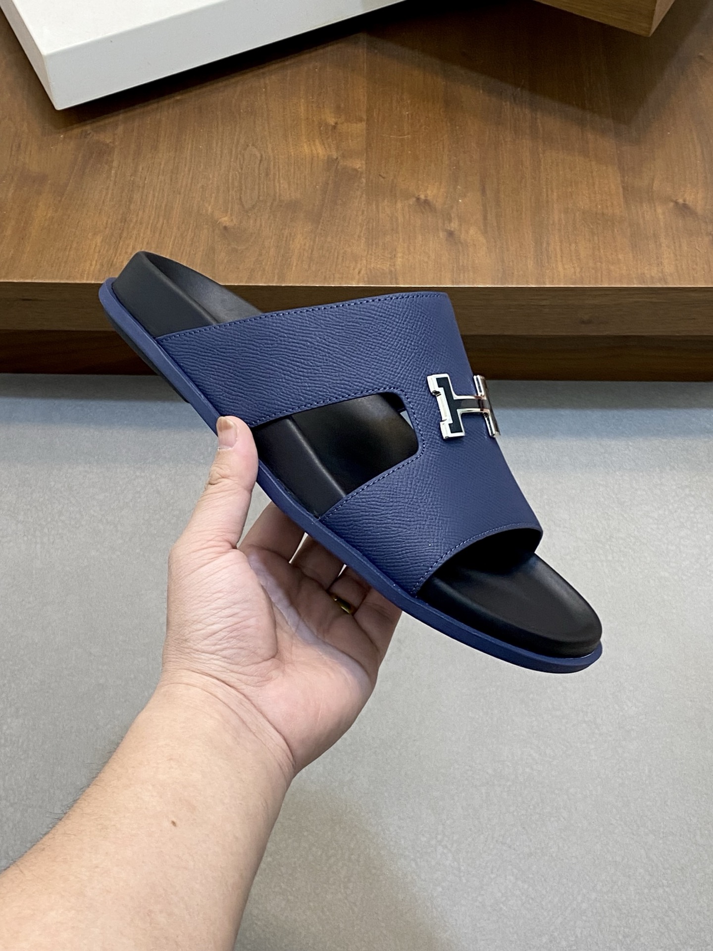 Hermes Men's Blue Leather H Logo Slides Sandals Size 39-44 5 i1742834792695 4332 0 3