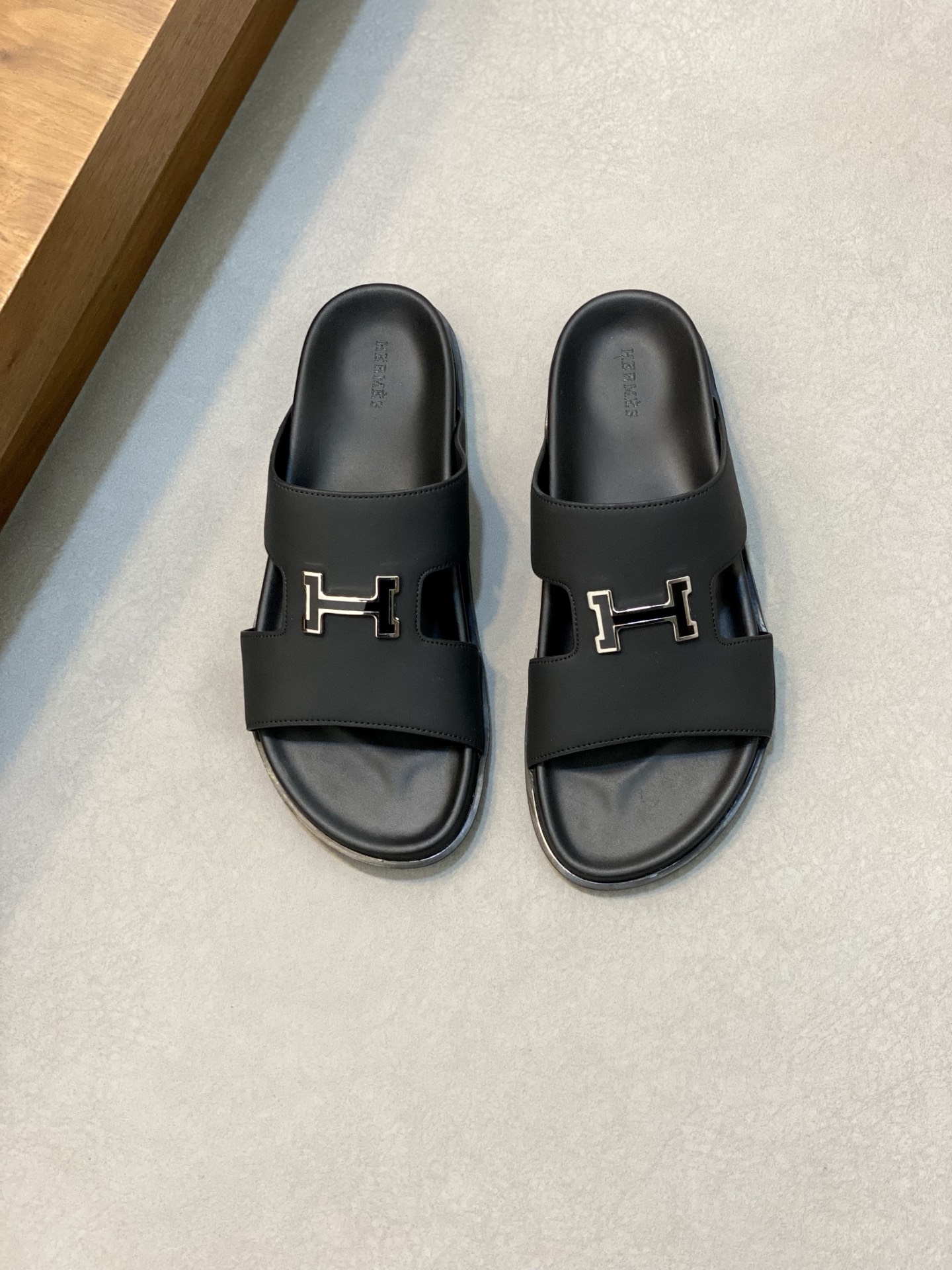 Hermes Men's Black Leather Slide Sandals with "H" Detail - Size 39-44 1 Hermes Men's Black Leather Slide Sandals with "H" Detail - Size 39-44