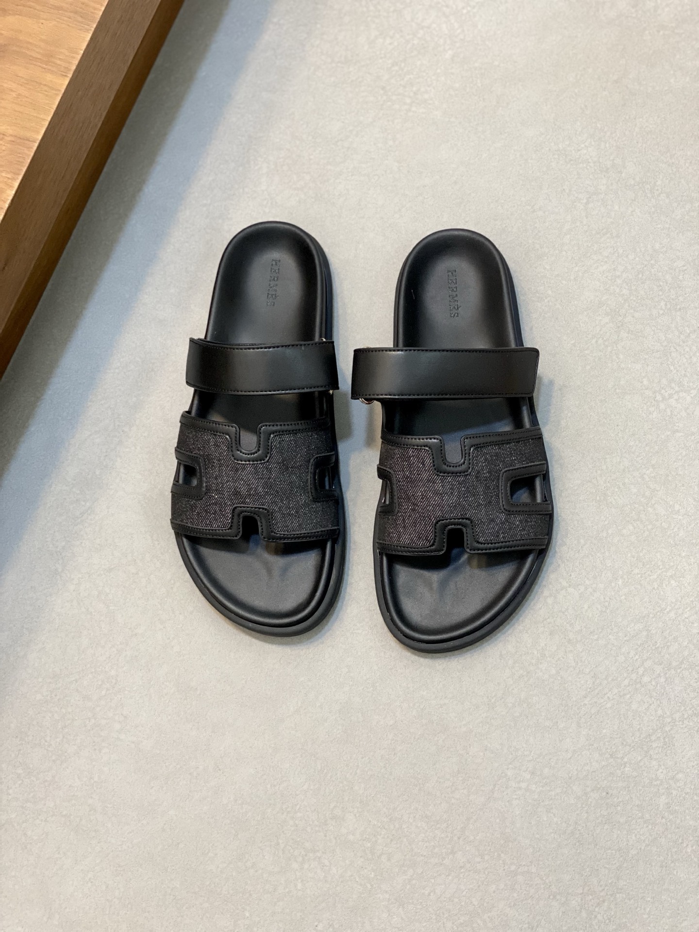 Hermes Men's Black Leather & Textile Sandals With Signature 'H' Design 1 Hermes Men's Black Leather & Textile Sandals With Signature 'H' Design