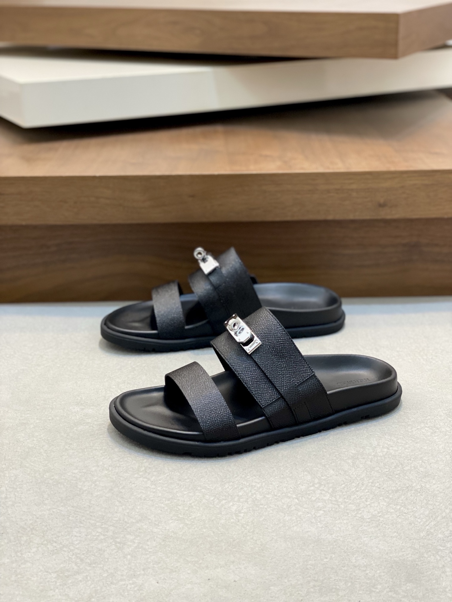 Hermes Men's Black Leather Sandals With Silver-Tone Hardware, Size 39-44 4 i1742923911670 8211 0 2