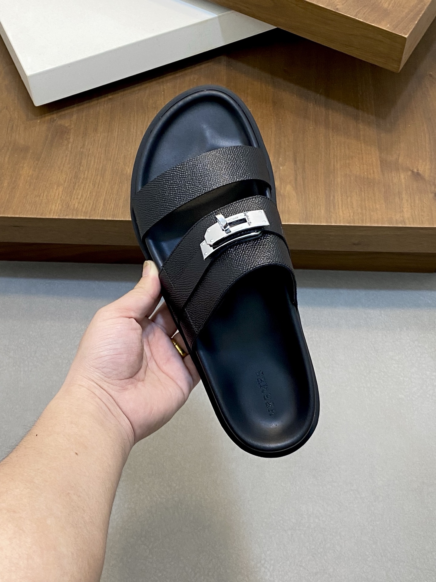 Hermes Men's Black Leather Sandals With Silver-Tone Hardware, Size 39-44 5 i1742923911702 6892 0 3