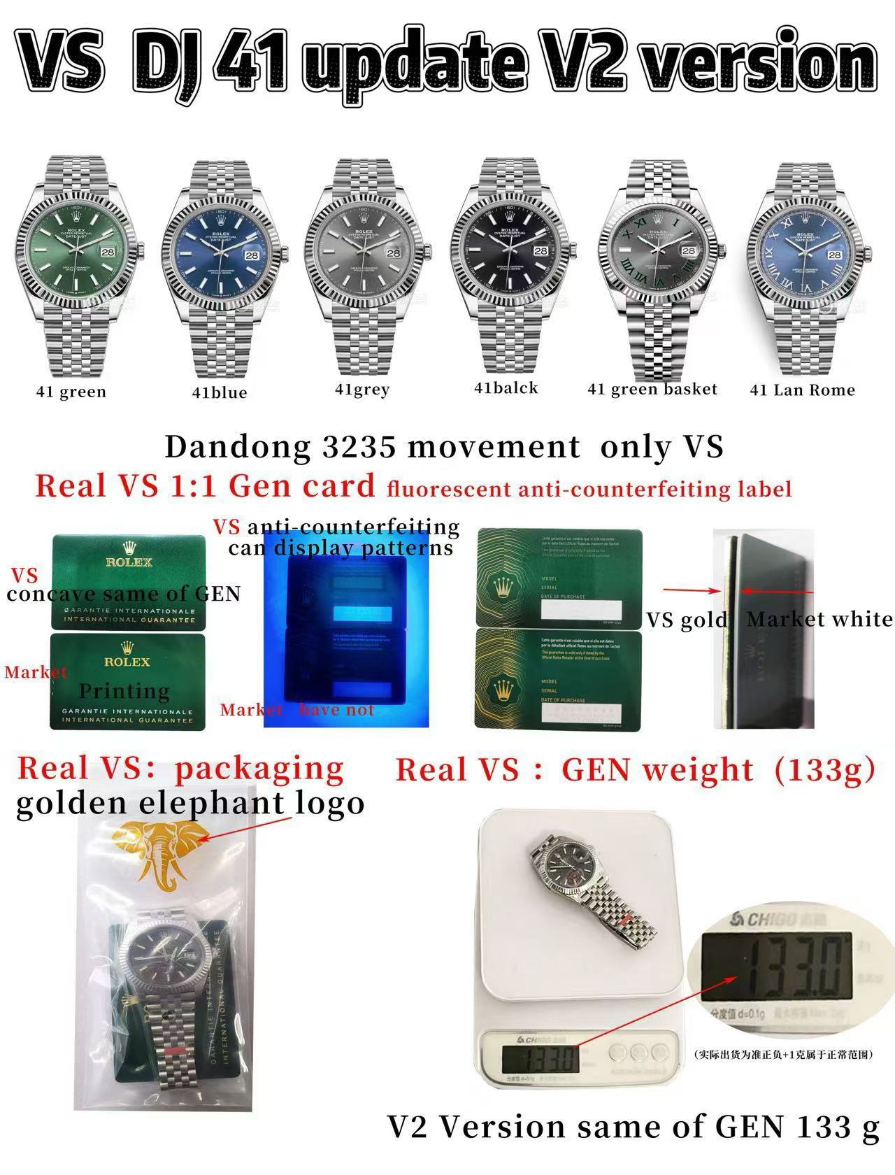 NO:553077,The new VS Log v2 version is shipped in all colors. VS Log DJ 41 is upgraded to the V2 version. There are various log versions on the market!  But it has real core technology and exclusive Dandong (currently the best movement) only owned by VS~ There are many fake VS on the market. To quickly distinguish the real and fake VS on the surface, please look at the following three points!  1 Genuine VS has an anti-counterfeiting guarantee card. VS exclusively customizes the original open-molded fluorescent anti-counterfeiting guarantee card. The original version has the same engraved concave and convex feeling and can display the pattern logo under fluorescence. (It is not available on the market, only VS has it, one watch, one card and one anti-counterfeiting label) 2 Genuine VS V2 version has upgraded outer packaging with a golden elephant logo and a V2 red label on the front glass 3 Genuine VS V2 version The weight is upgraded to the original version of 133 grams 4 Genuine VS V2 ring has an upgraded electroplated platinum ring  The weight is the same as the original version. It does not fade or oxidize!  Solve the pain points of easy oxidation and fading in the market!  ,19860909全新vs日志v2版本全配色出货 VS 日志DJ 41 升级V2 版本 市面日志版本五花八门！但拥有真正核心技术且独家丹东（目前最好的机芯）仅VS独家拥有～ 市面上很多假VS,为表面快速区分真假VS,请看下面三点！ 1真VS有防伪保卡 VS独家定制原版开模荧光防伪保卡,原版一致有雕刻凹凸感 且荧光下能显示图案logo.（市面上没有,仅VS有,一表一卡一防伪标） 2真VS V2 版本 有升级外包装 有金色大象logo标 面玻璃贴有V2 红色标签 3真VS V2版本 重量升级为原版一致133 克 4真VS V2圈口升级电镀白金圈 重量与原版一致.不掉色不氧化！ 解决市场上易氧化掉色的痛点！,,Watch