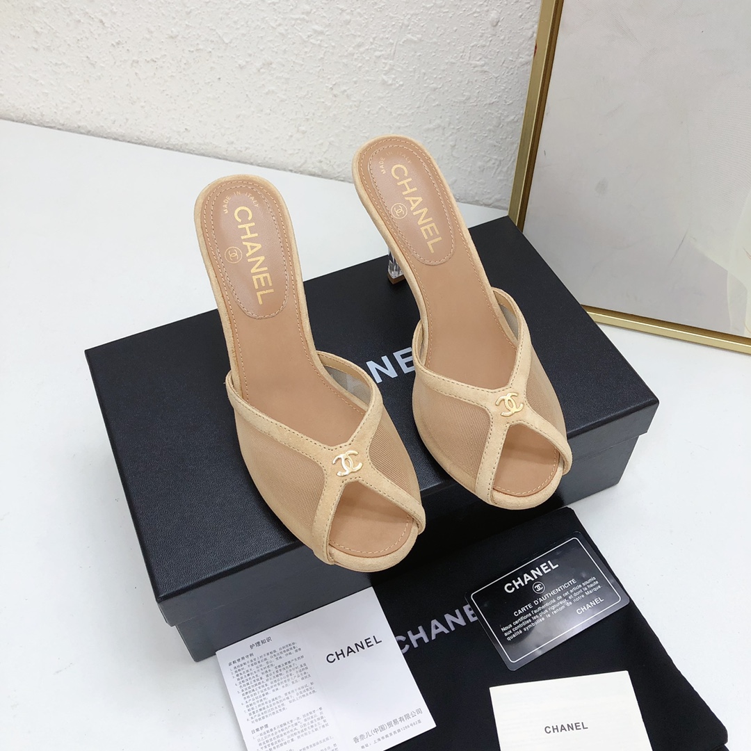 Chanel Zapatos de tacón alto Pantuflas Dermis Tejidos de malla Piel oveja Colección primavera – verano