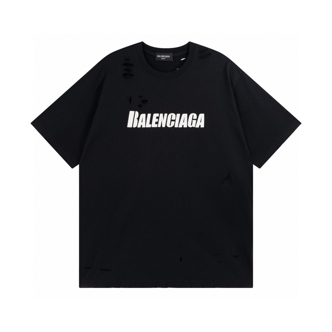 Balenciaga 2025 SS Distressed Ripped Print Short Sleeve T-Shirt