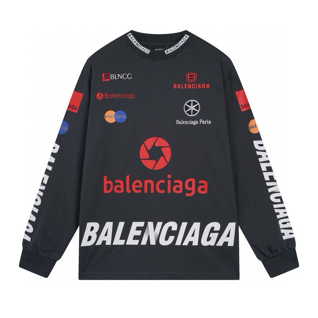 Balenciaga 2025 SS Logo Print Long Sleeve T-Shirt Distressed Finish