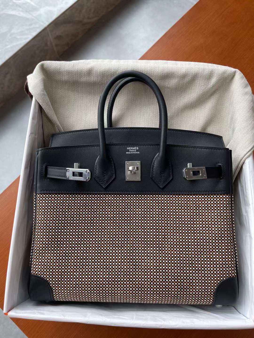Hermès Highly recommended Toile Birkin25 Swift leather with canvas waffle black with three-color silver buckle, casual, low-key, lazy and elegant