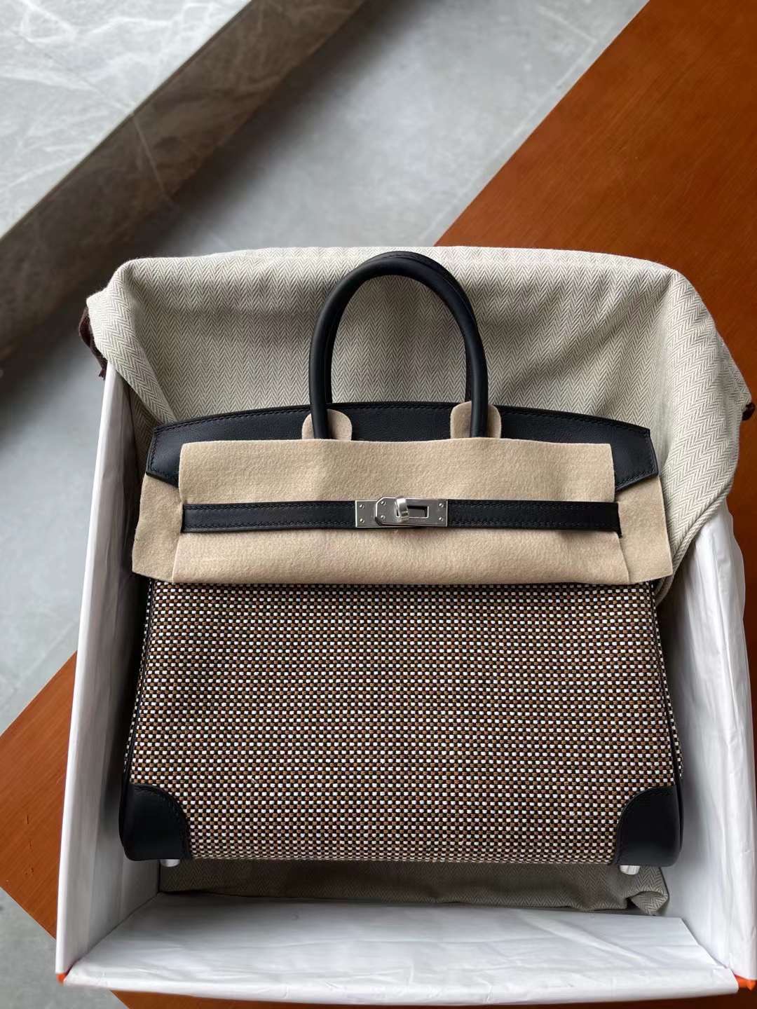 Hermès Highly recommended Toile Birkin25 Swift leather with canvas waffle black with three-color silver buckle, casual, low-key, lazy and elegant