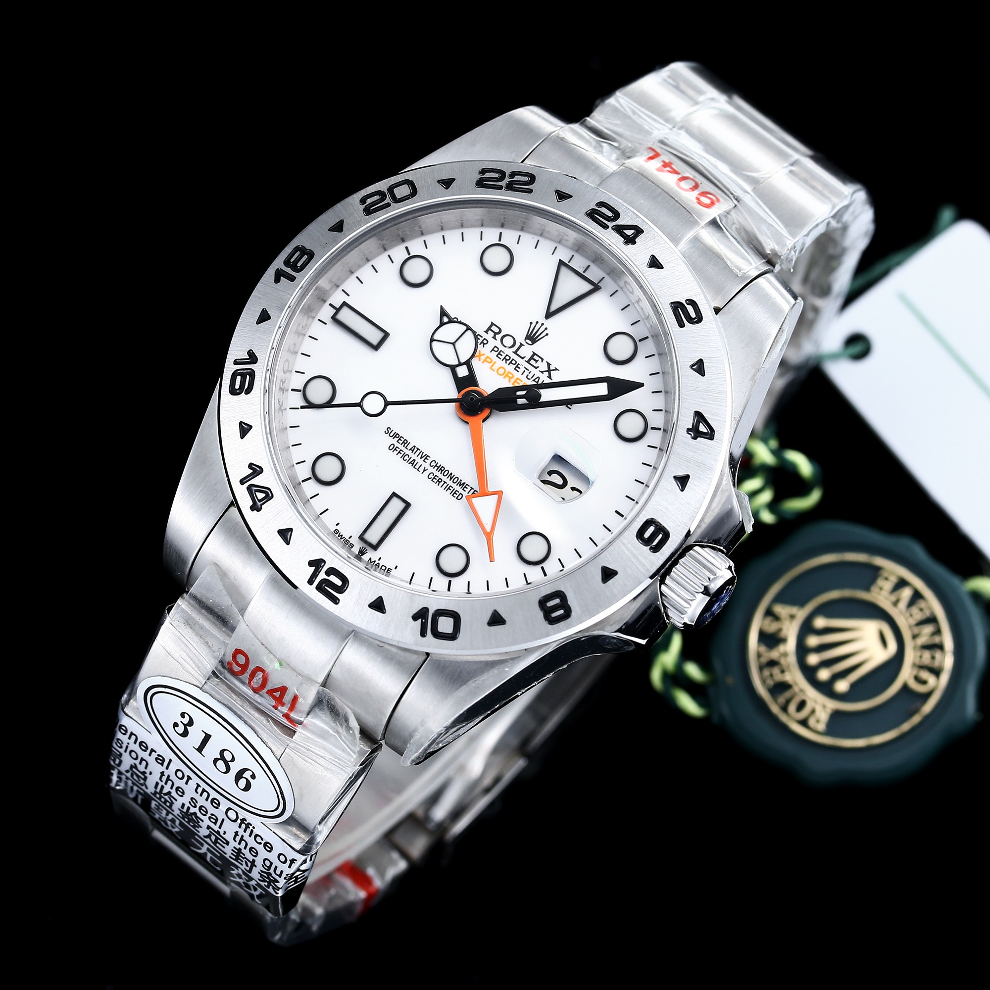 NO:585646,The latest masterpiece, super replica, wall crack recommendation  The Rolex Explorer series is a watch designed specifically for adventure and conquering harsh environments. After time and testing with polar, mountaineering and cave explorers, the Explorer II functions like a timepiece with accuracy and is stable in harsh environments. There is no doubt about this.  The watch is equipped with a calendar display, an additional orange 24-hour hand and a 24-hour scale fixed outer ring. The time is clear and easy to read against the white dial. The luminous paint on the hour markers and hands allows you to easily distinguish between day and night, whether you are deep in a cave or setting foot on the polar regions.  Configuration: imported glass crystal sapphire glass mirror, steel 316S molten shell case (the same as genuine), movement 3186 integrated movement, waterproof and waterproof depth of 50 meters, size and diameter 42mm, literally 'self-priming' super static luminous, very full (original quality), rolex19860909最新力作、超级复刻、墙裂推荐 劳力士探险家型系列是专为探险征服严峻环境而设计的腕表,经过时间与极地、登山和洞穴探险家们的测试,这款探险家型II其功能像时计的精准度,及在严苛环境下工作的稳定性无需质疑.这款腕表配备日历显示、额外的橙色24小时指针及24小时刻度固定外圈,在白色表盘的映衬下时间清晰易读,钟点标记和指针的夜光涂料使得你无论是深入洞穴或踏上极地,都可以帮你轻松辨别昼夜. 配置 玻璃进口水晶蓝宝玻璃镜面 钢材316S熔浆精培壳套（正品一致） 机芯3186一体机芯 防水防水深度50米 尺寸直径42mm 字面“自吸式”超强静态夜光 十分饱满（原装品质）,,rolex,Watch