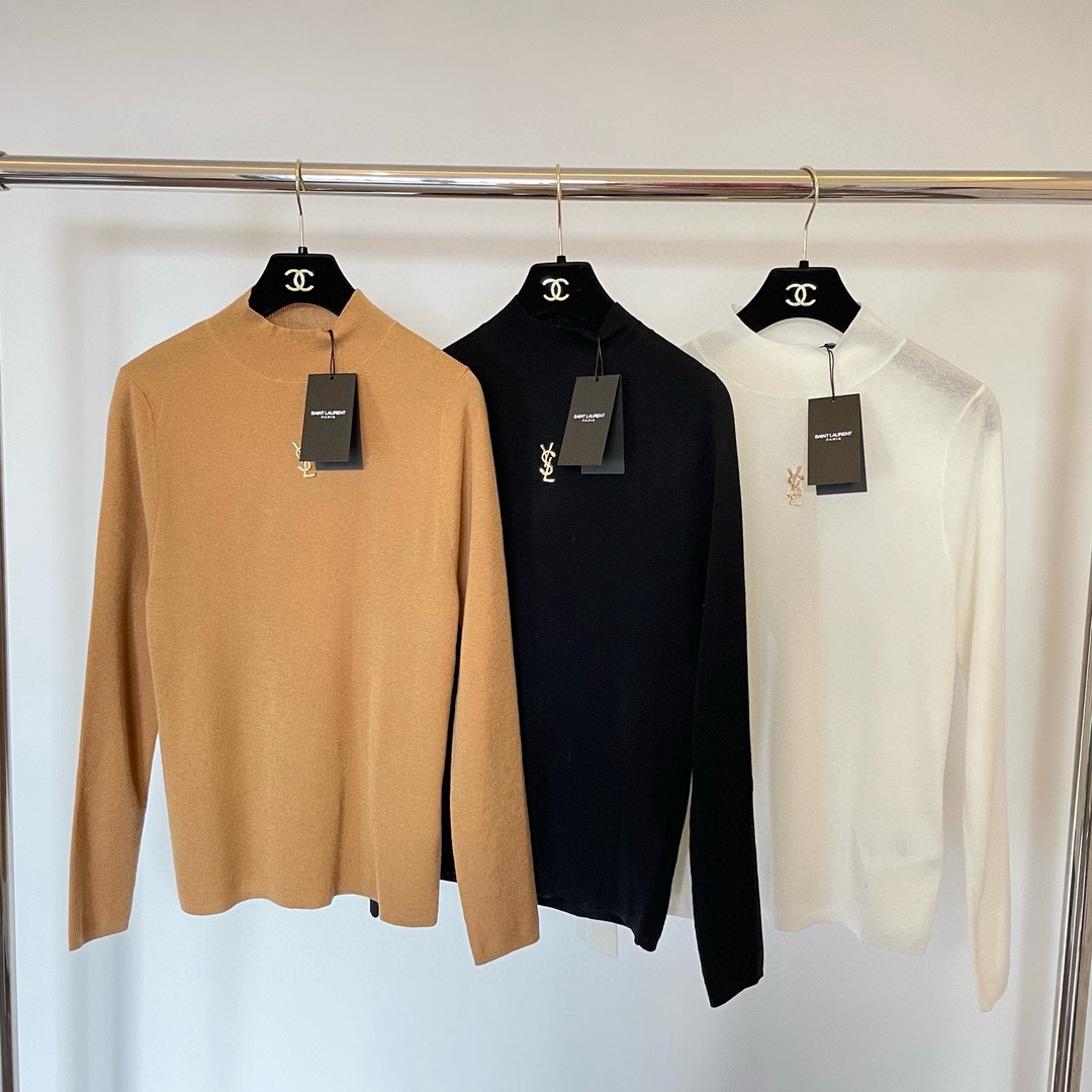 圣罗兰羊毛加真丝金属字母半高领内搭 修身套头长袖针织打底衫女秋 一款衣服3种（订）圣罗兰标：1、侧边订，