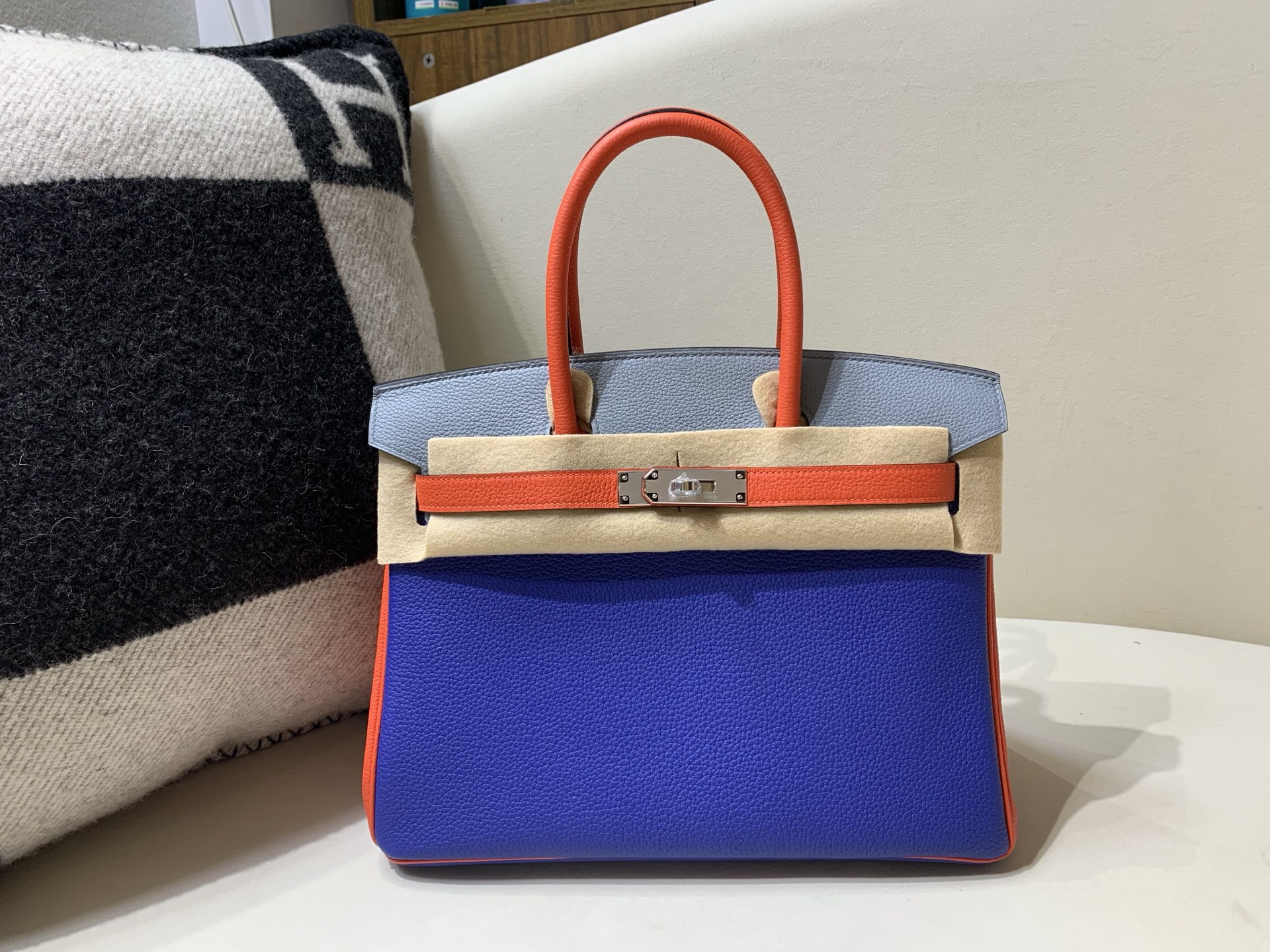 NO:699217,birkin30cm silver buckle, German togo, electric blue and linen blue and poppy orange, top quality handmade, Hermes, hermes, Hermes,19860909birkin30cm 银扣 德国togo 电光蓝拼亚麻蓝拼罂粟橘 顶级纯手工,爱马仕,hermes,Hermes,,Bag
