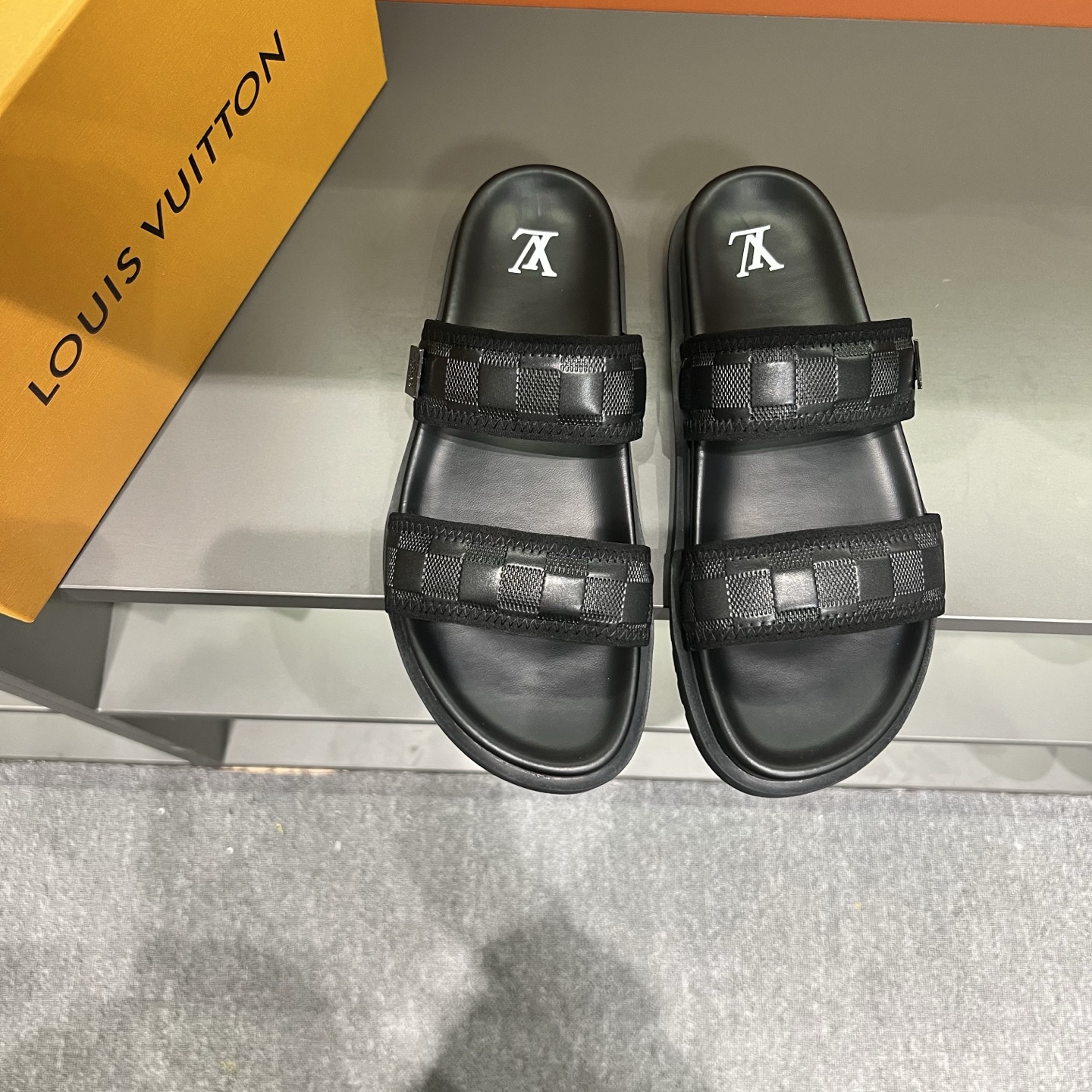 Louis Vuitton Men's Black Damier Adjustable Slide Sandals - Comfort & Style 2 i1747027909511 7026 0 0