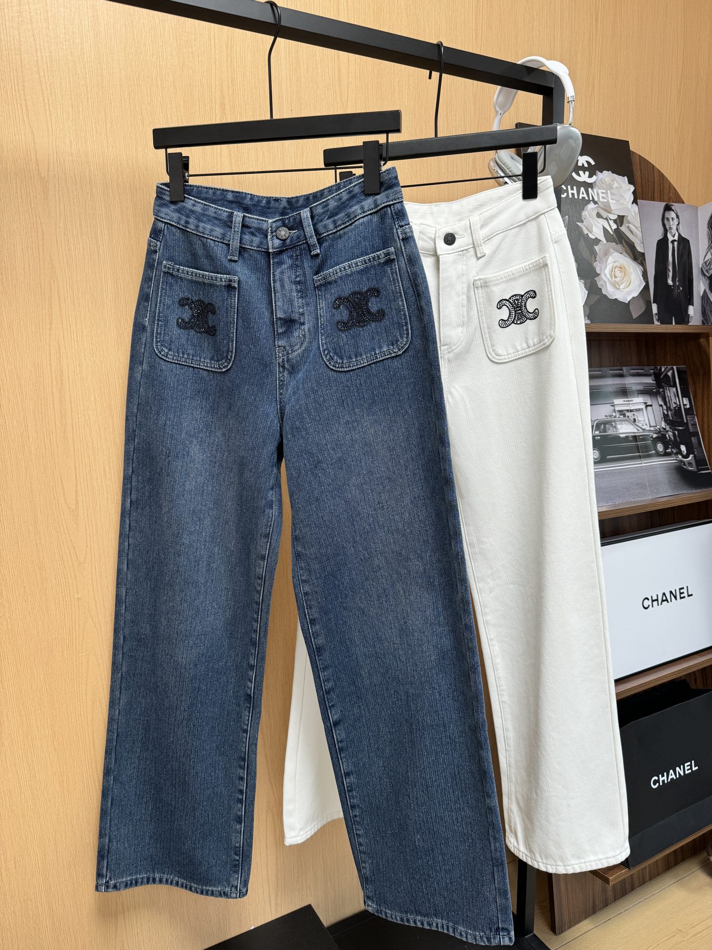 Celine Straight-Leg Jeans with Rhinestone Trim & Triomphe Pocket Detail