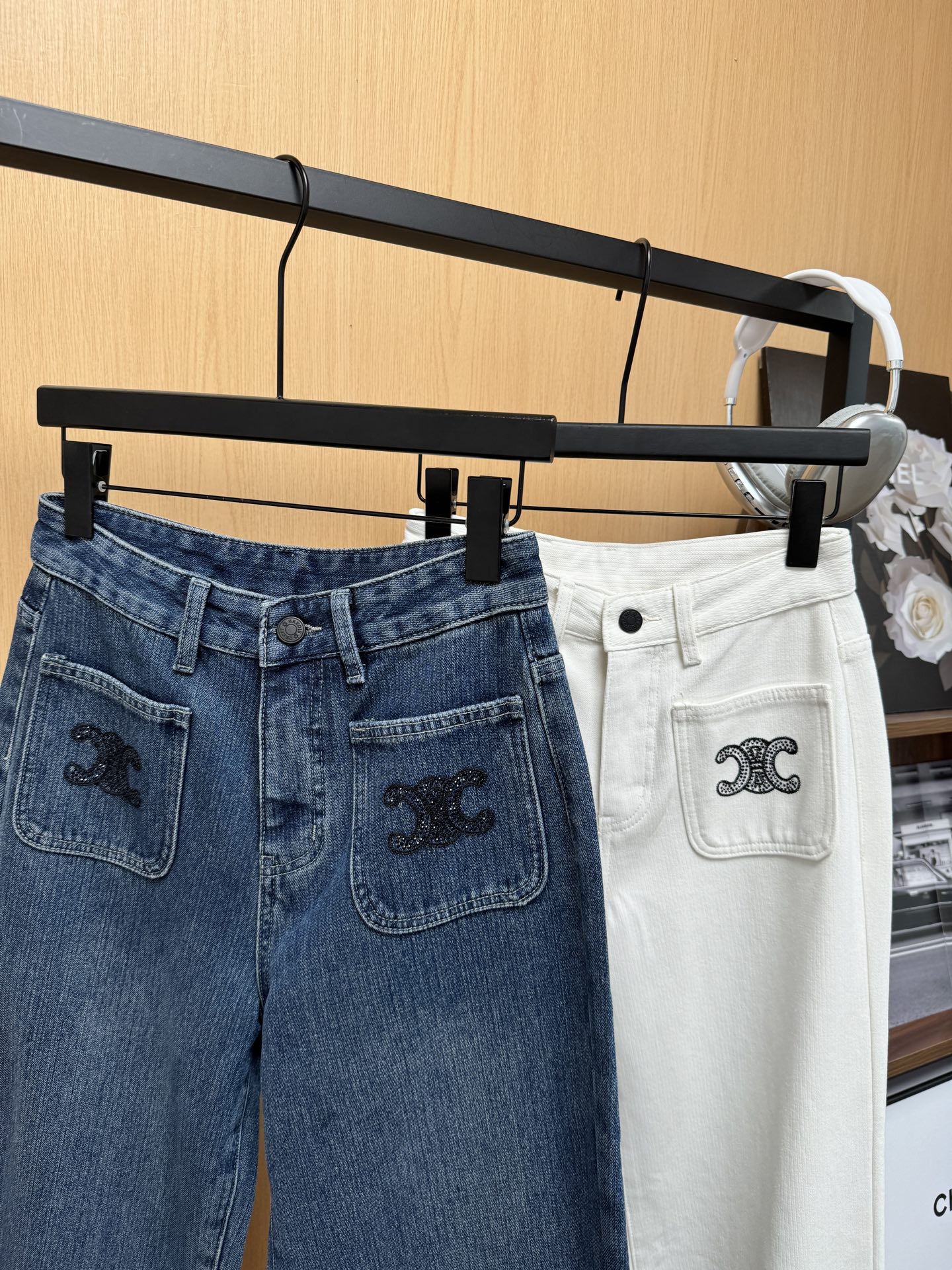 Celine Straight-Leg Jeans with Rhinestone Trim & Triomphe Pocket Detail 3 i1762509423042 40 0 1