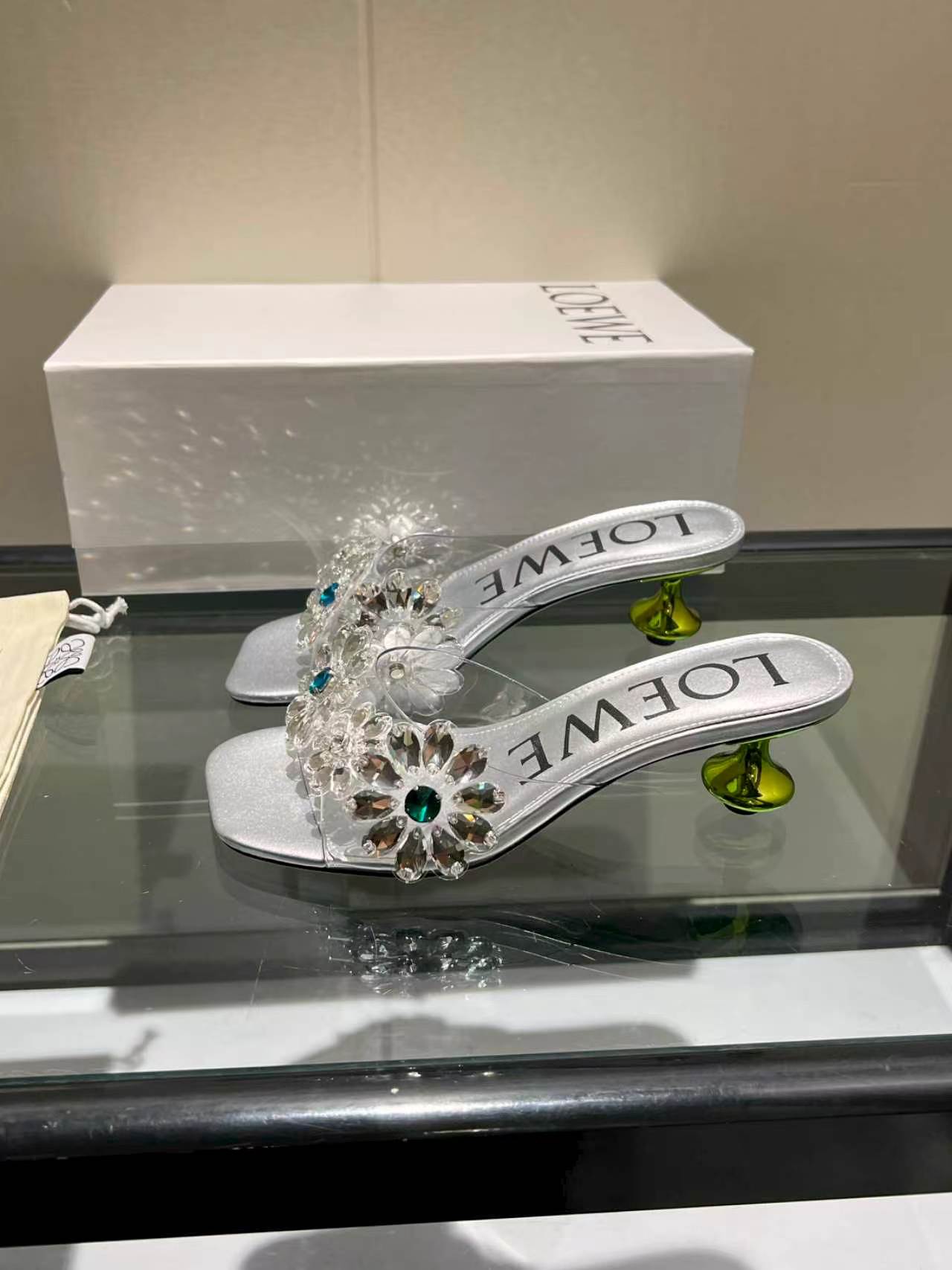 Loewe Rhinestone Floral Decor Square Toe Heel Slid