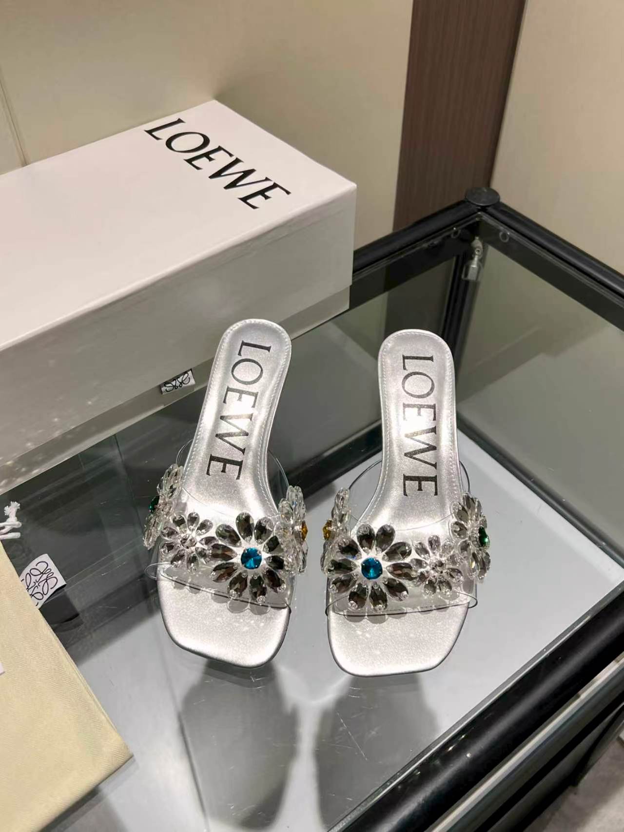 Loewe Rhinestone Floral Decor Square Toe Heel Slid