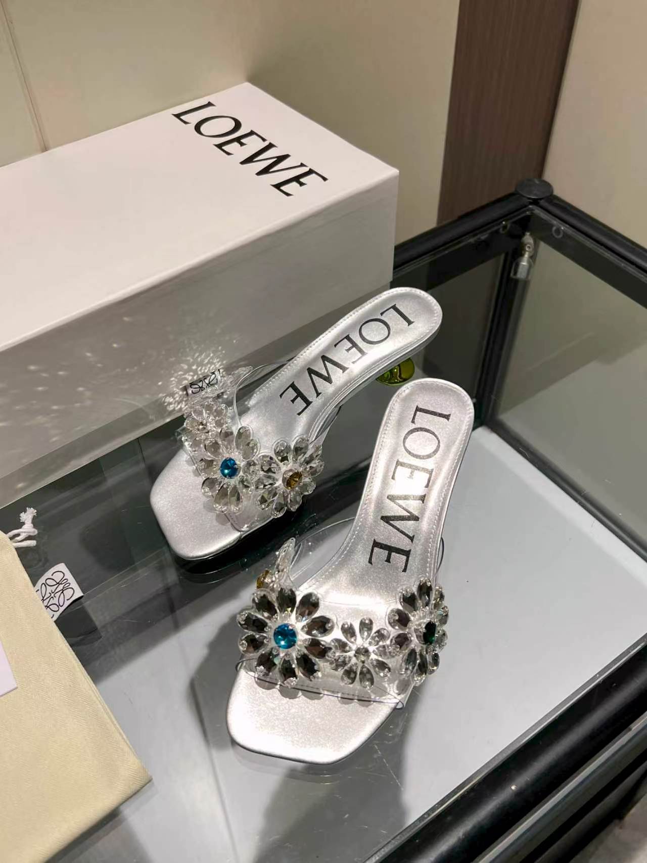 Loewe Rhinestone Floral Decor Square Toe Heel Slid